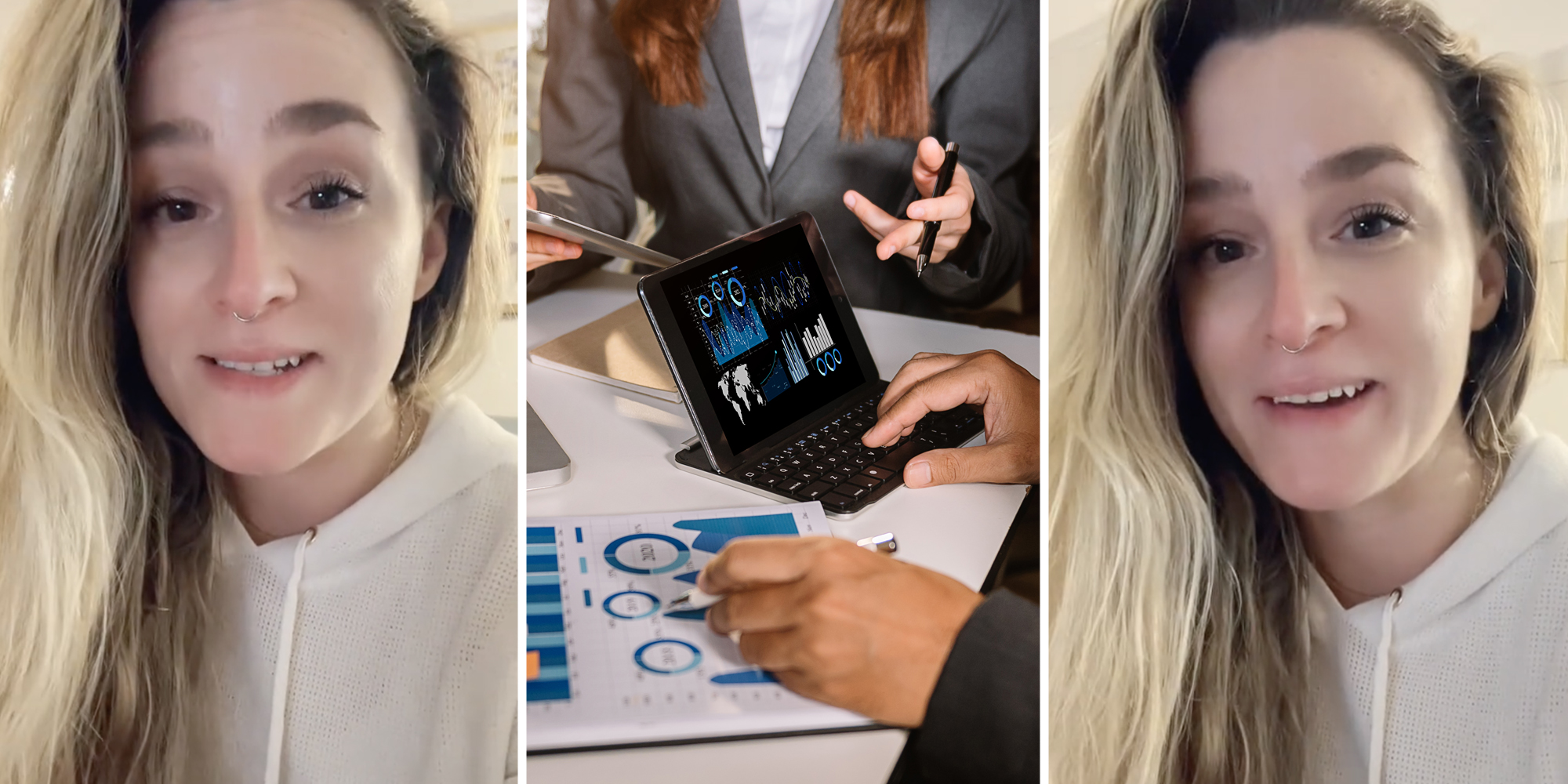 Woman talking(l+r), Office meeting with tablets and infographics(c)