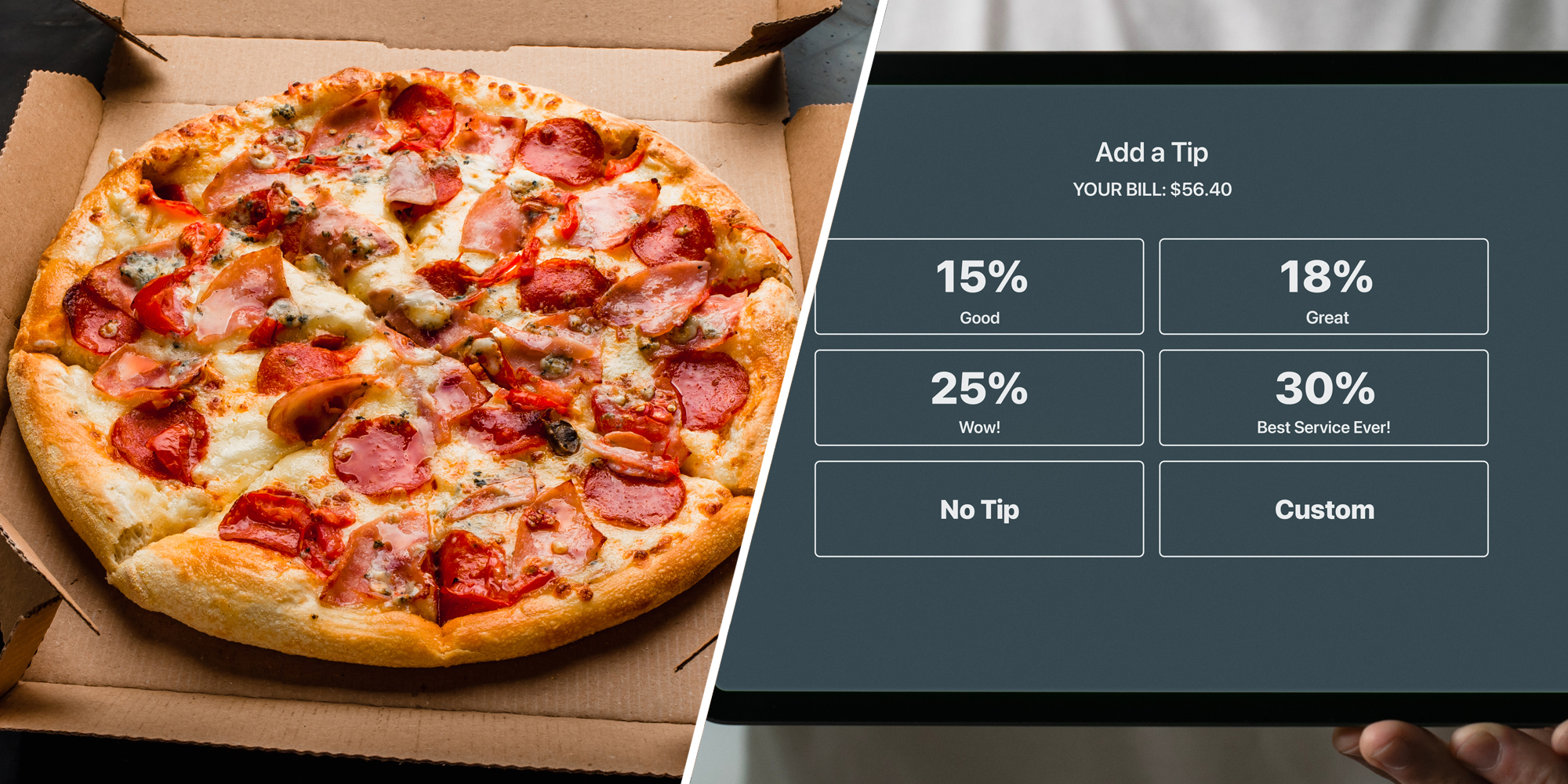 Pizza in box(l), Ipad with tipping screen(r)