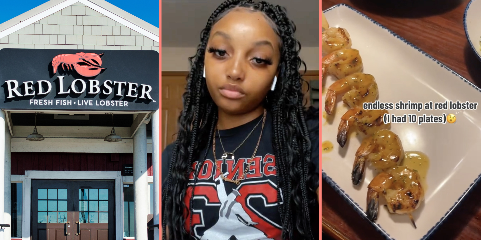 Red Lobster(l), Woman talking(c), Shrimp(r)