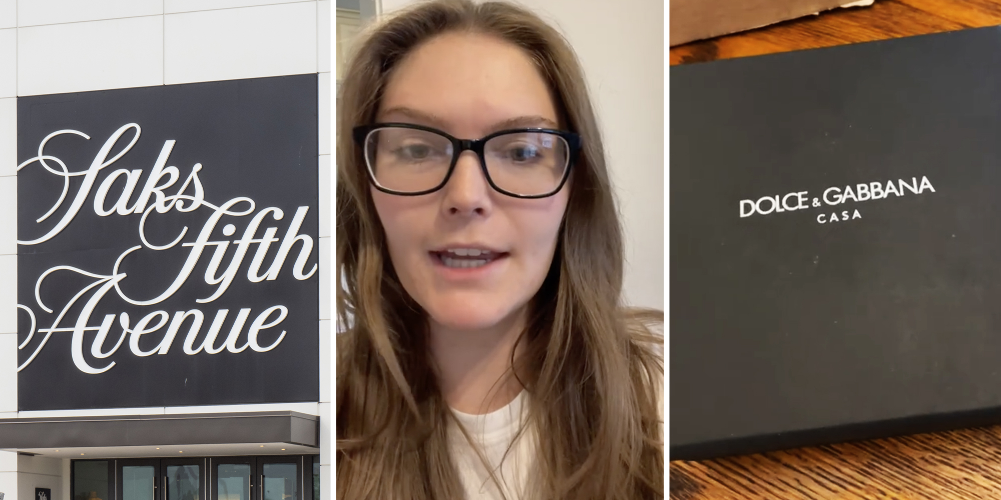 Saks Fifth Avenue(l), Woman talking(c), Dolce & Gabbana(r)