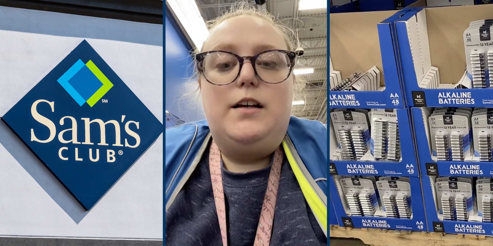 Sam's Club sign(l), Sam's club worker(c), Stacks of batteries(r)