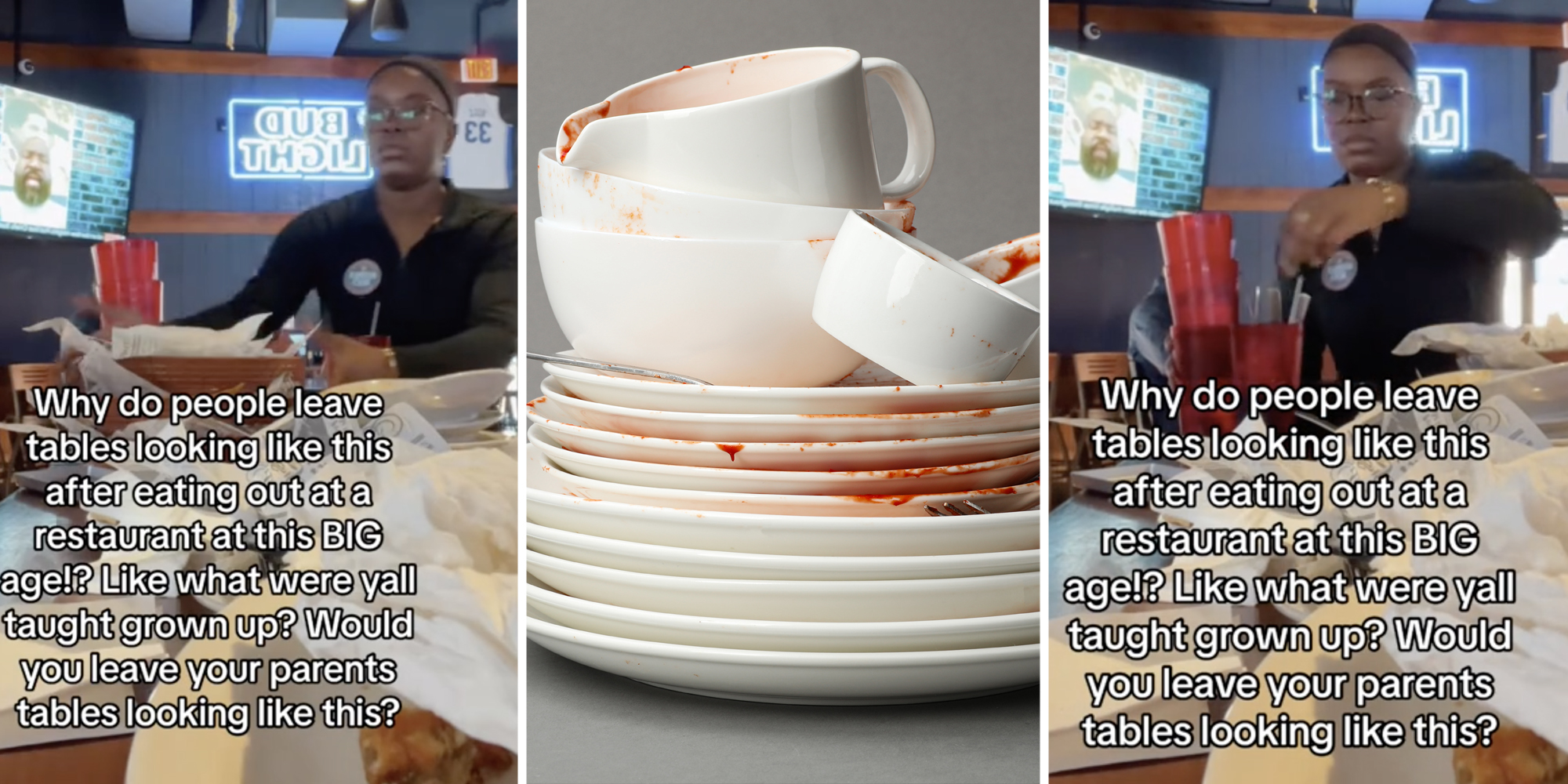 Server with messy table(l+r), Stacked plates(c)