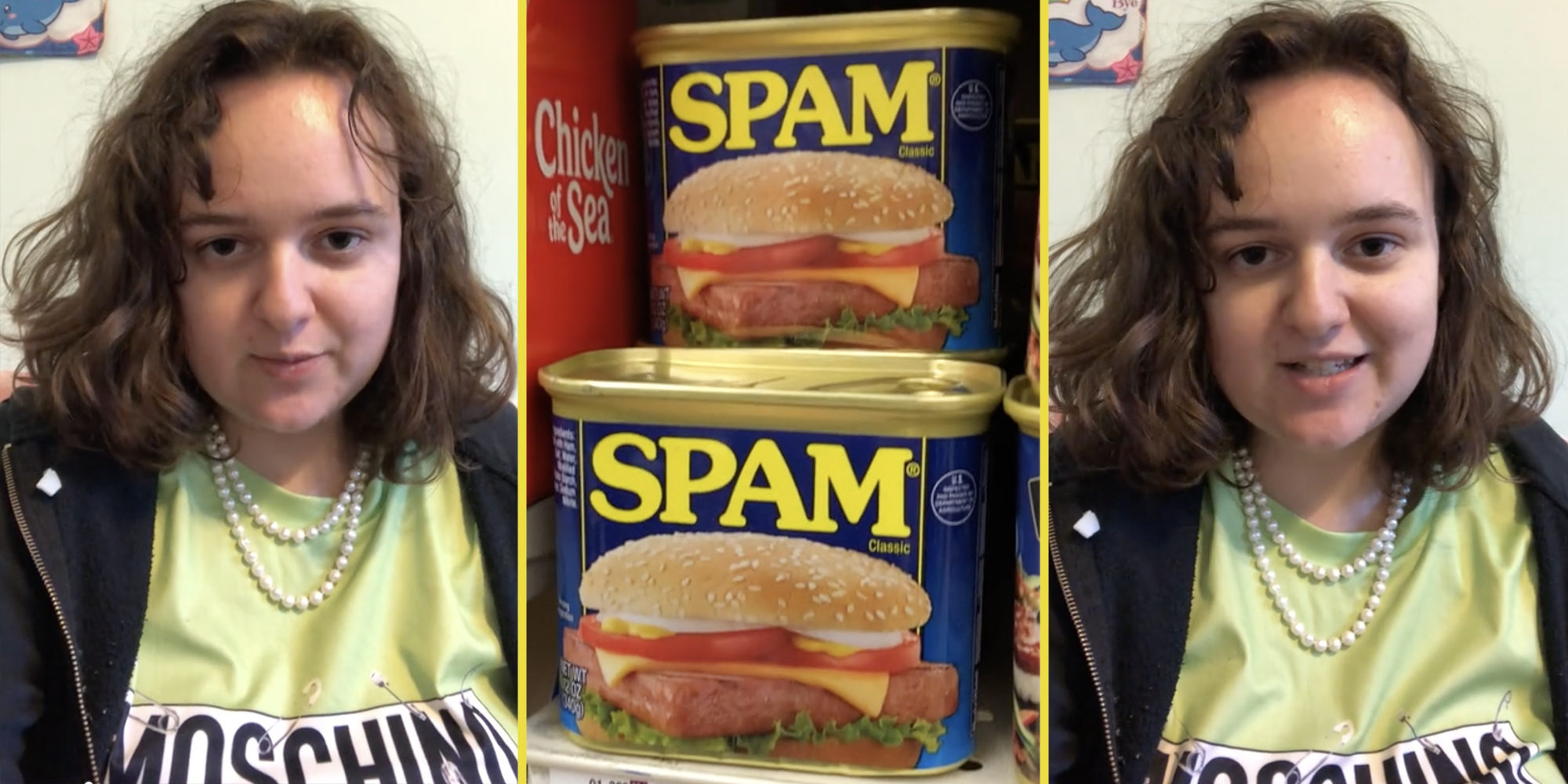 Woman talking(l+r), Spam cans(c)