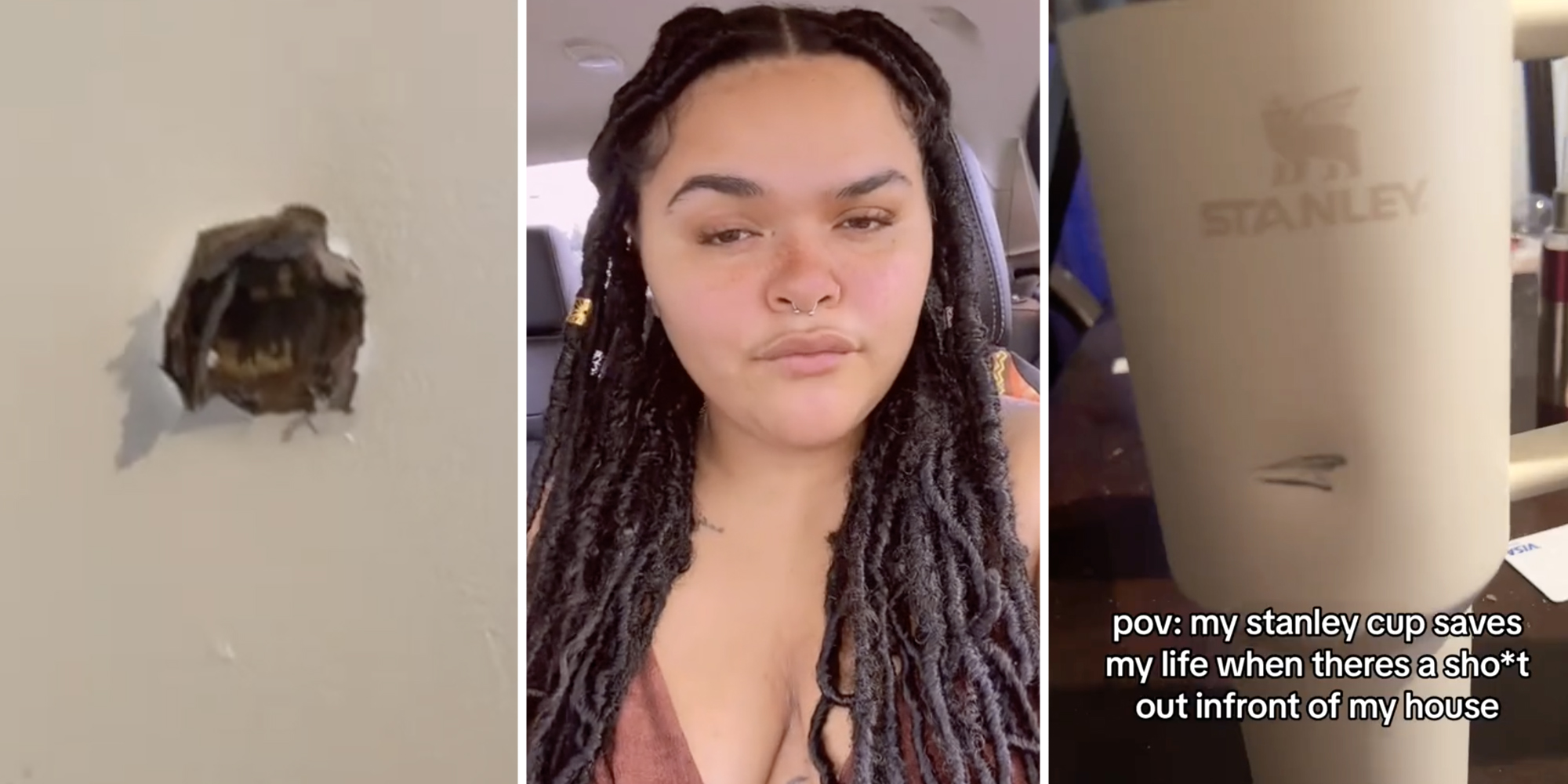 Bullet hole(l), Woman(c), Stanley cup(r)