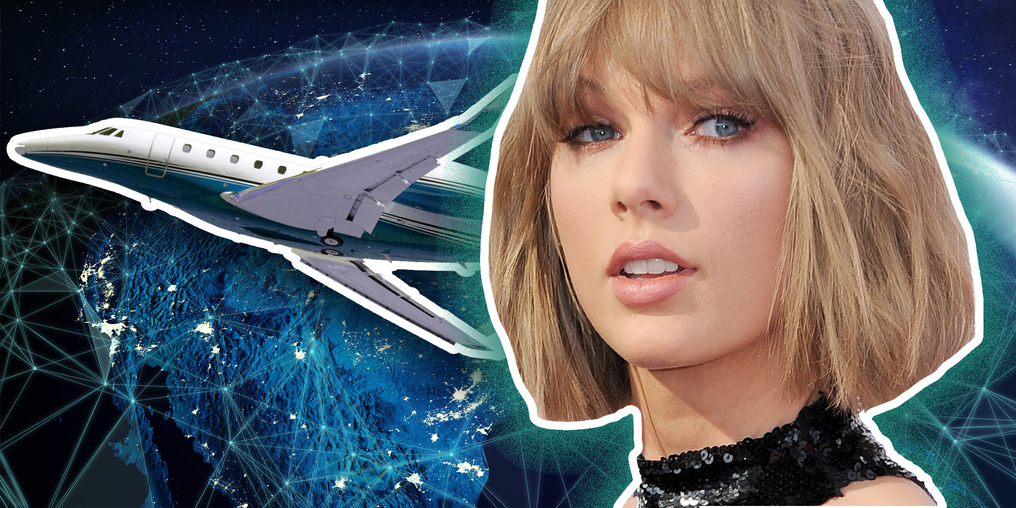 Taylor Swift over jet flying over map