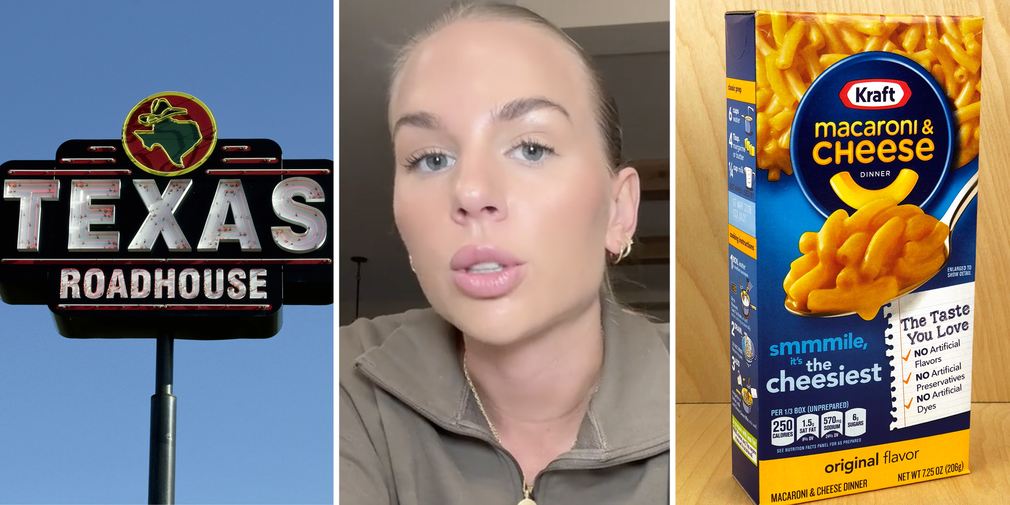 Texas Roadhouse(l), Woman talking(c), Kraft macaroini and cheese(r)