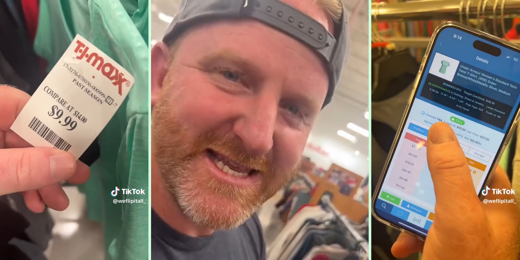 TJ Maxx $9.99 tag on shirt (l) Man in hat (c) shirt on app selling for $37 (r)