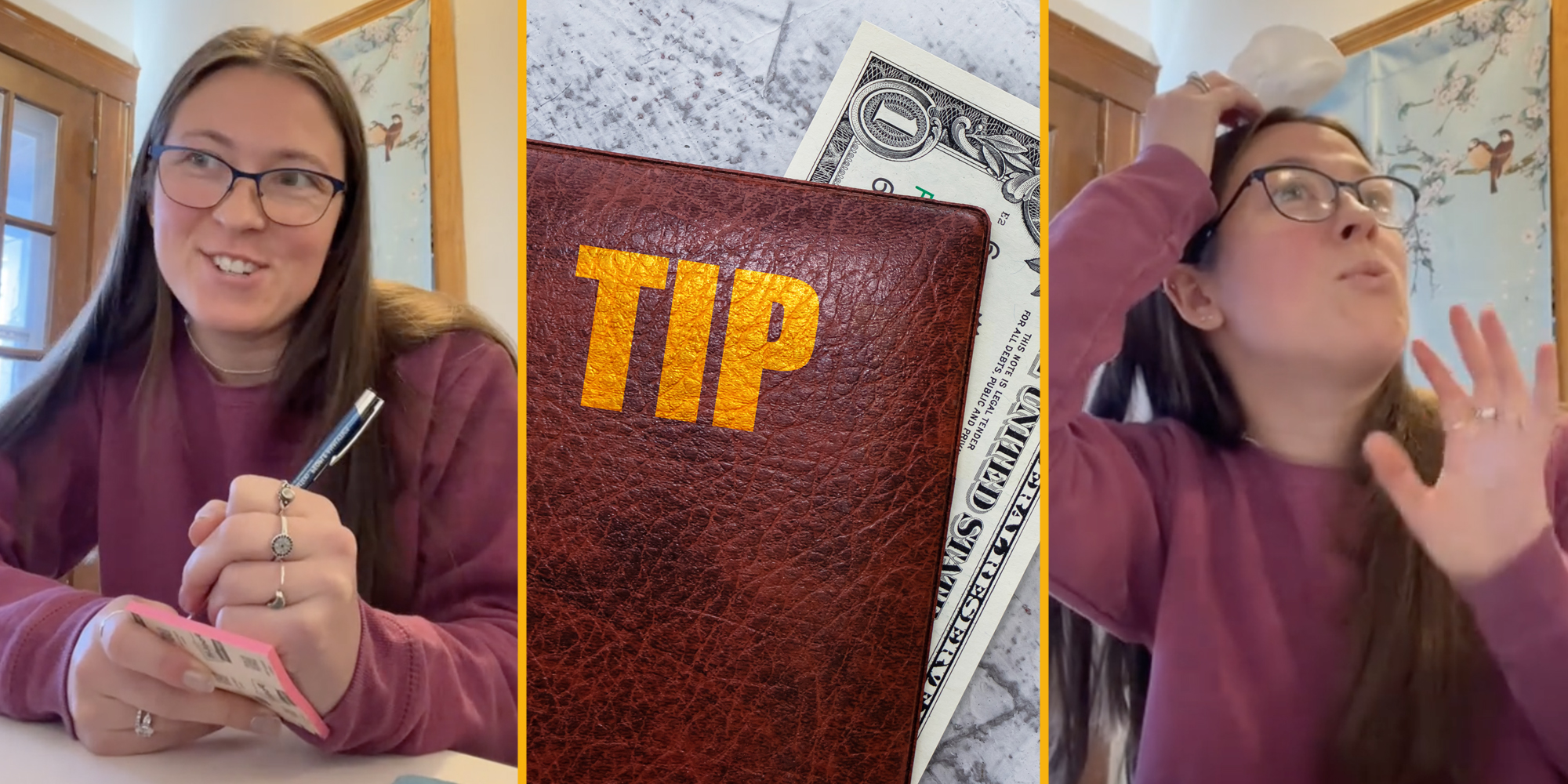 Woman as server(l), tip with one dollar(c), Woman as customer(r)