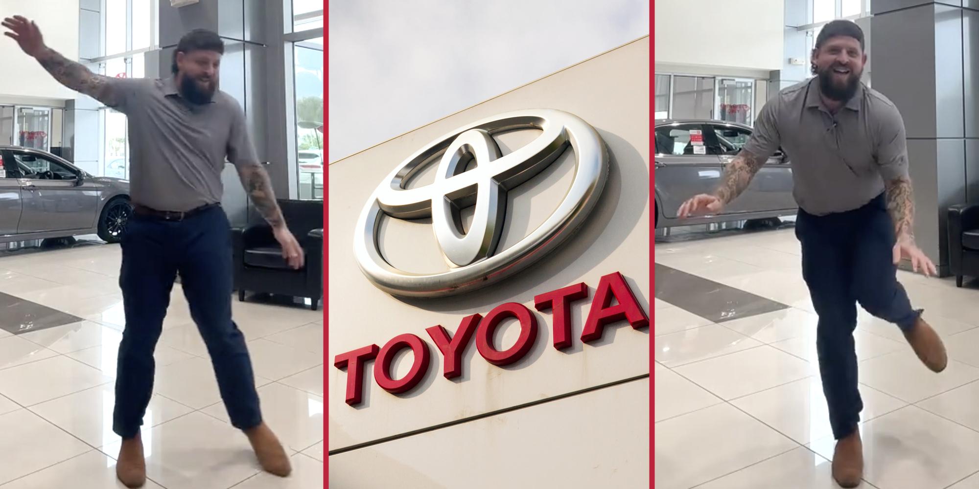 Man dancing(l+r), Toyota sign(c)