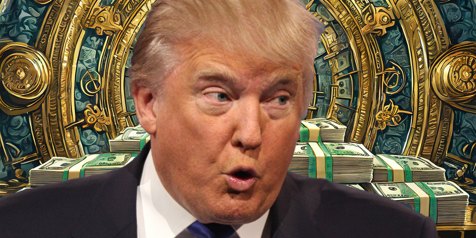 Donald Trump with stacks of dollar bills