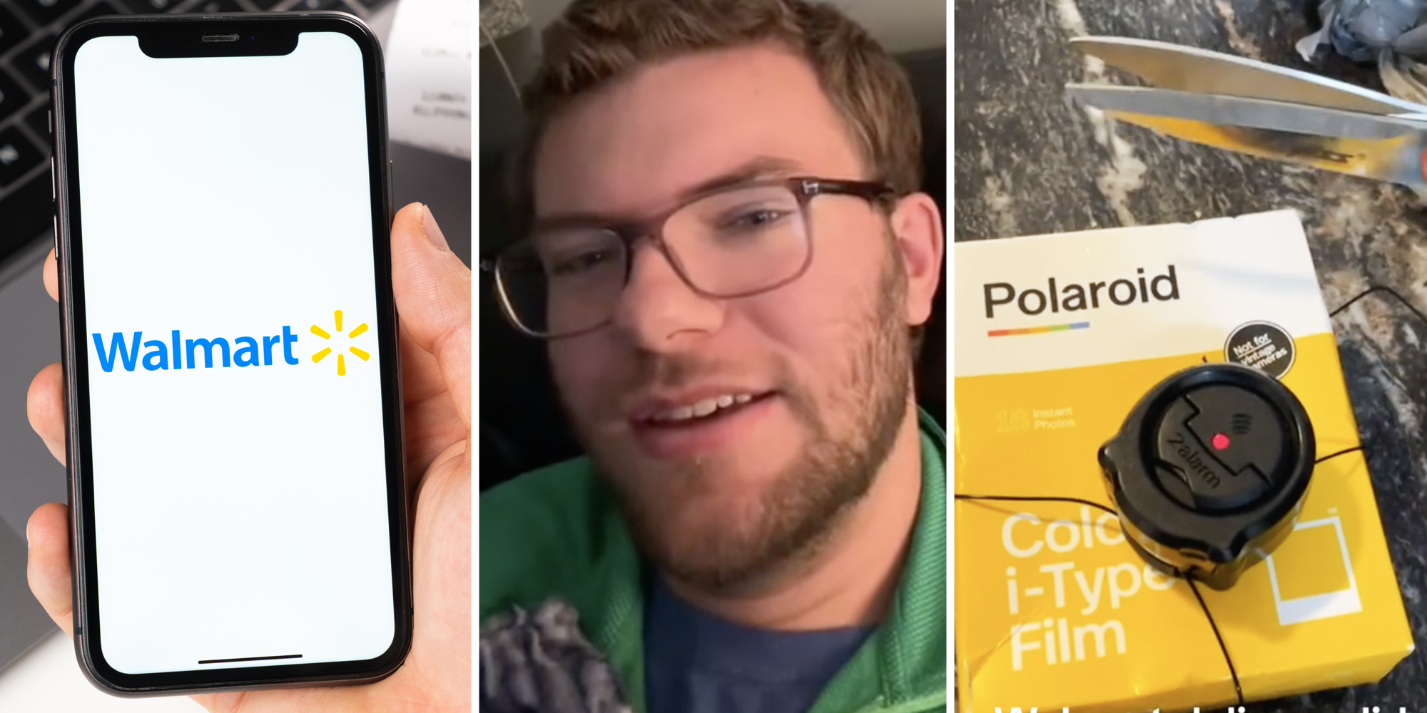Hand holding phone with walmart app(l), Man talking(c), Locked up item(r)