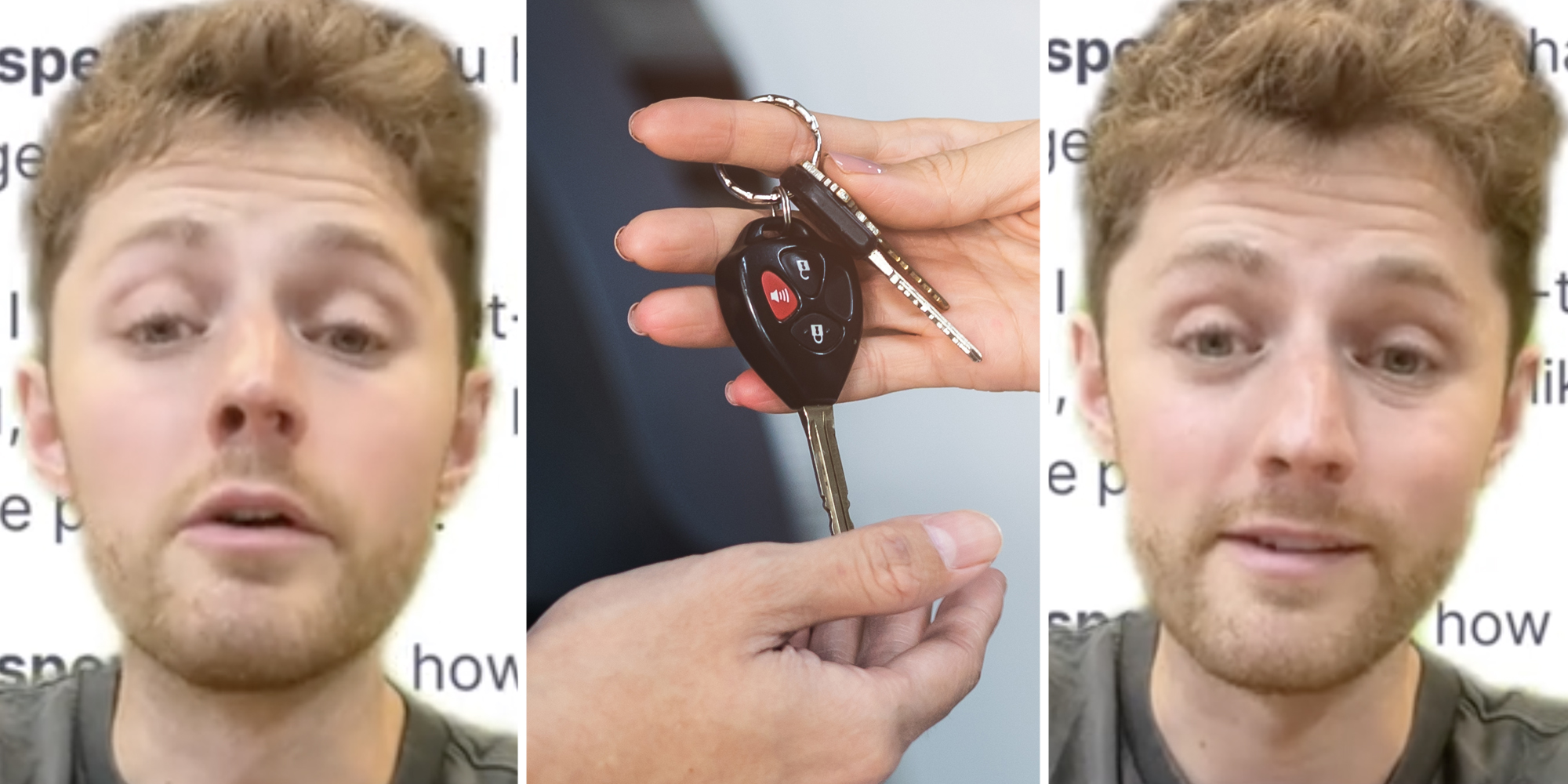 Man talking(l+r), Hands passing keys(c)