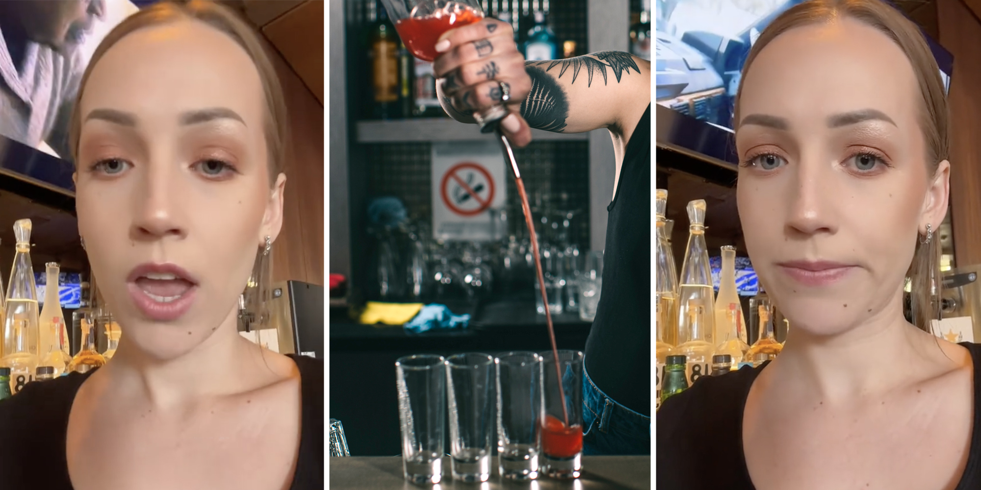 Woman talking(l+r), Bartender pouring shot(c)