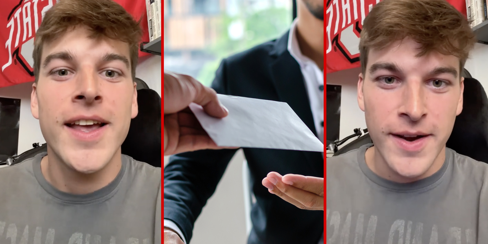 Man talking(l+r), Hands passing envelope(c)