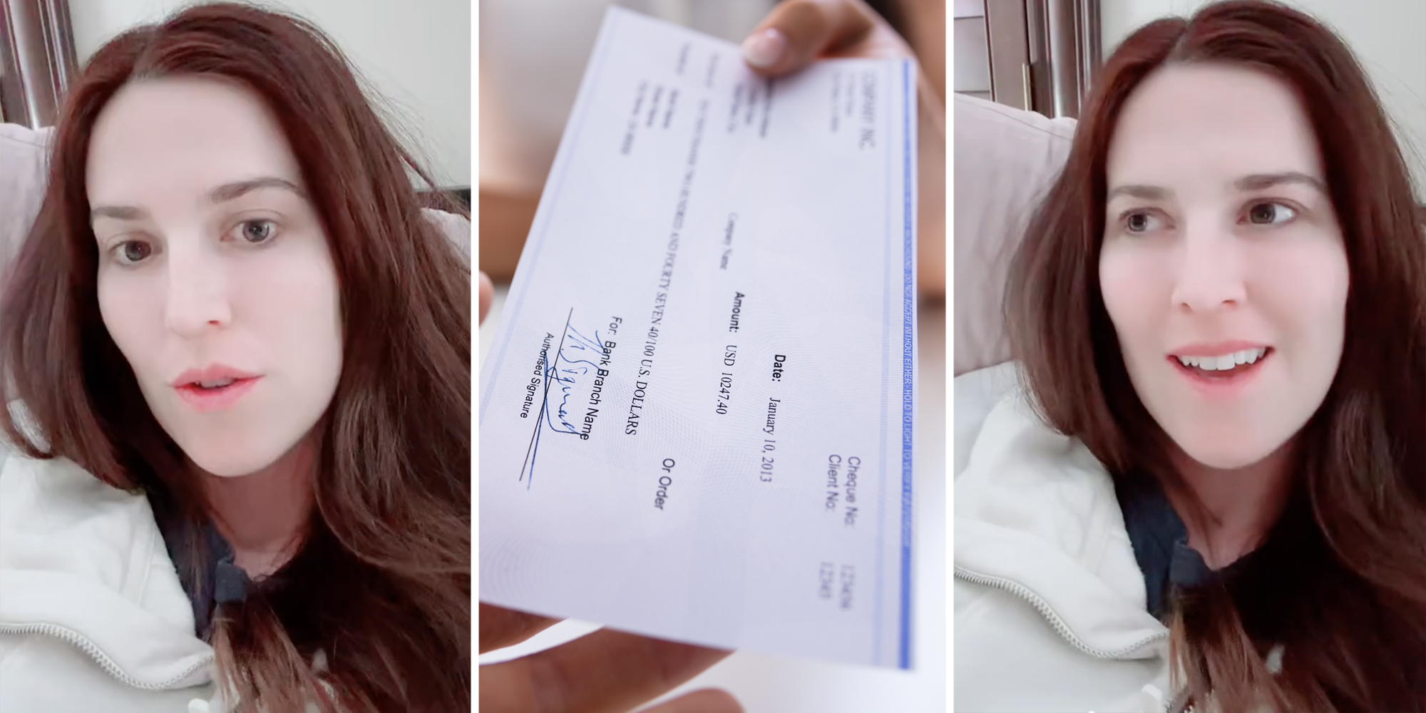 Woman talking(l+r), Hands passing check(c)