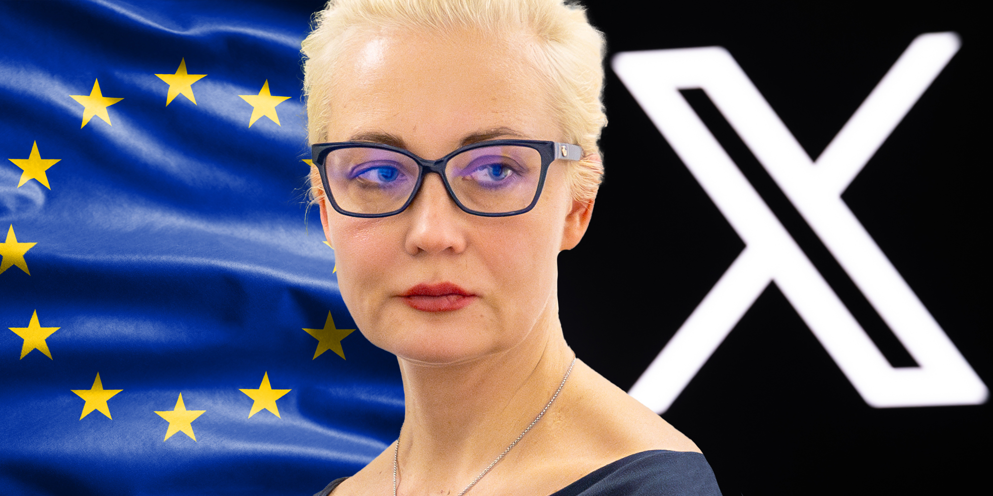EU Flag(l), Yulia Navalnaya(c), X logo(r)