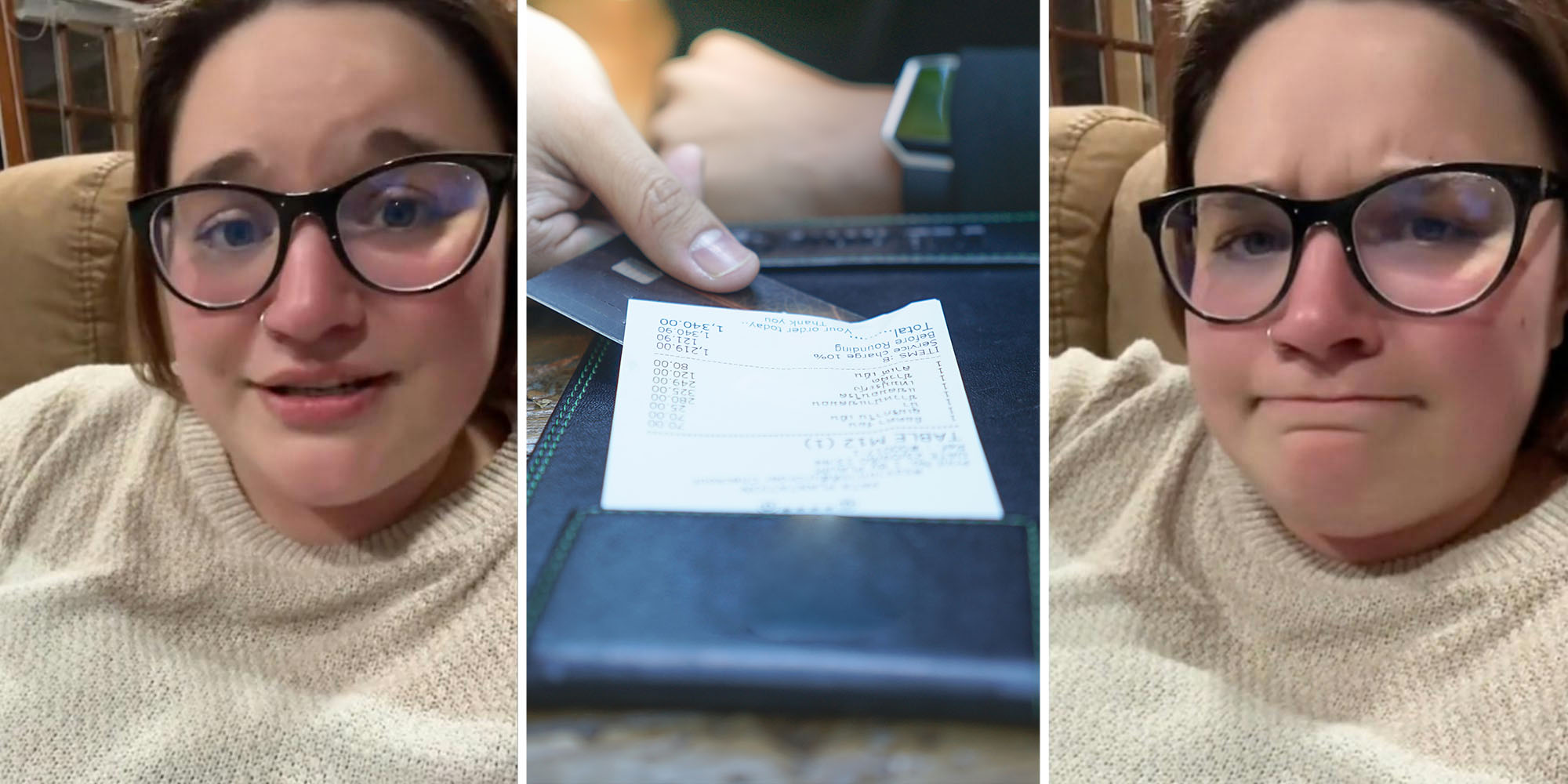 Woman talking(l+r), Hand passing bill(c)