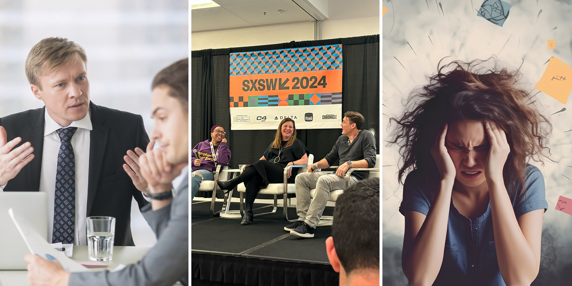 Furious boss scolding young frustrated worker; SXSW Panel discussion; Woman feeling burnt out