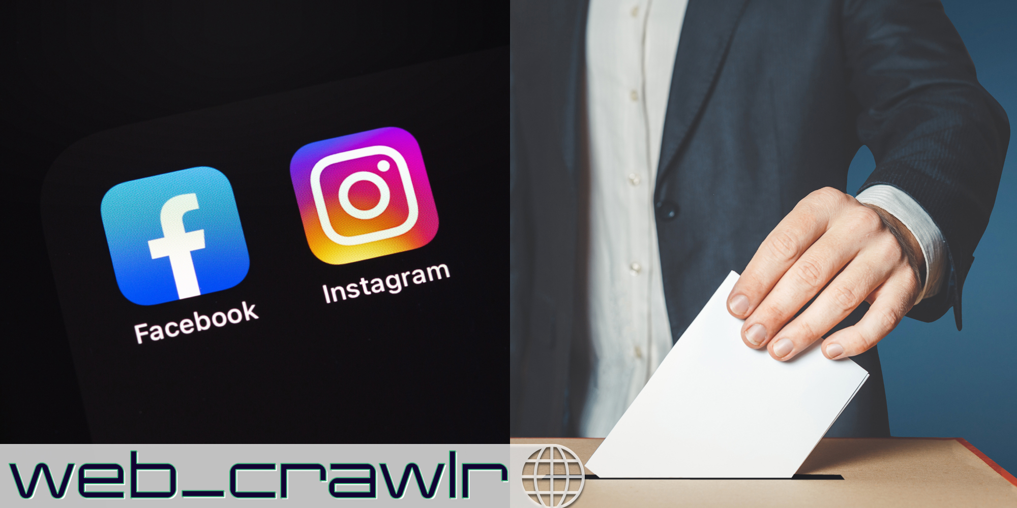 App icons for Facebook and Instagram next to someone voting. The Daily Dot newsletter web_crawlr logo is in the bottom left corner.