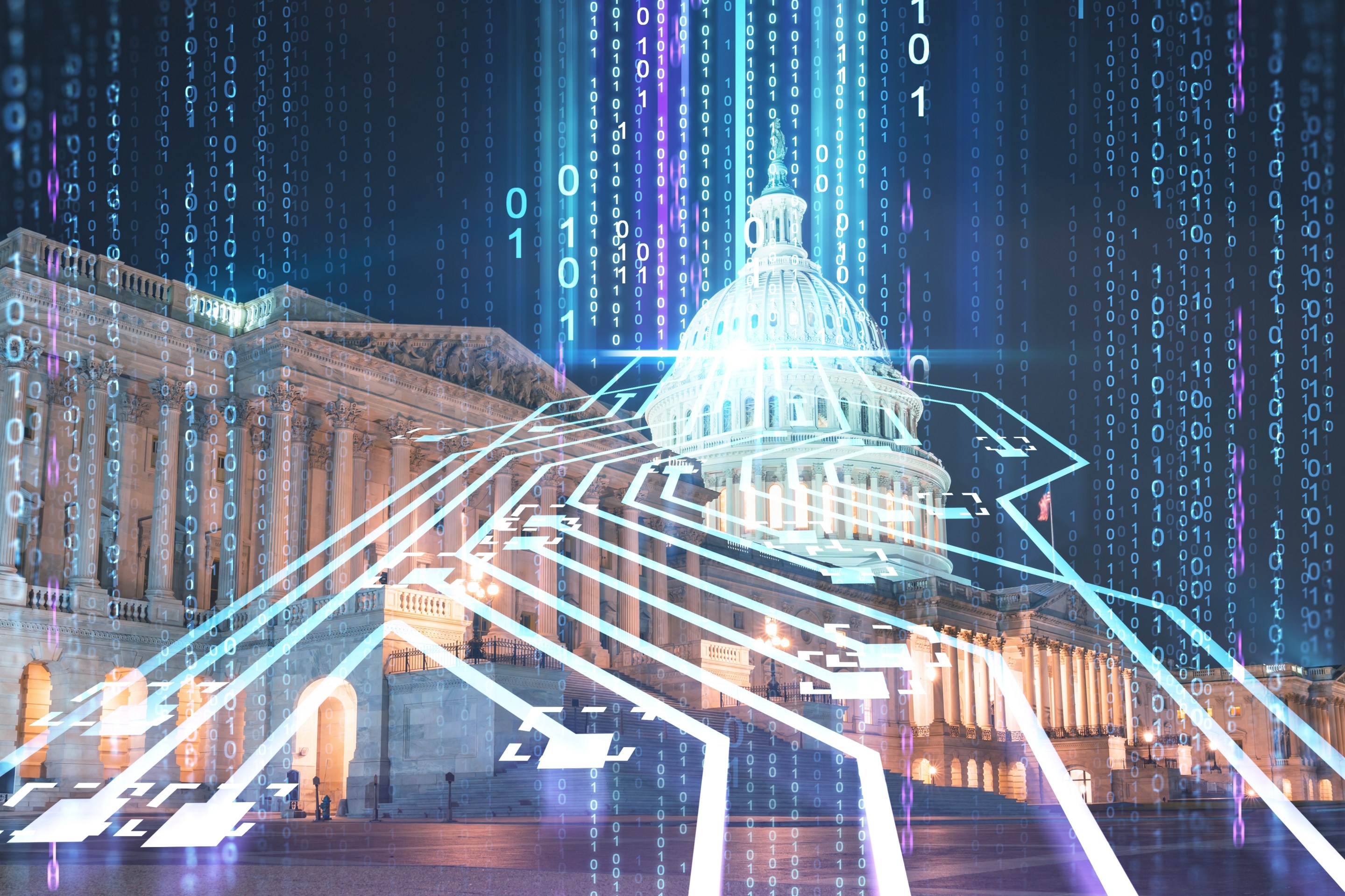 Digital Democracy. The Capitol building with code running across it.