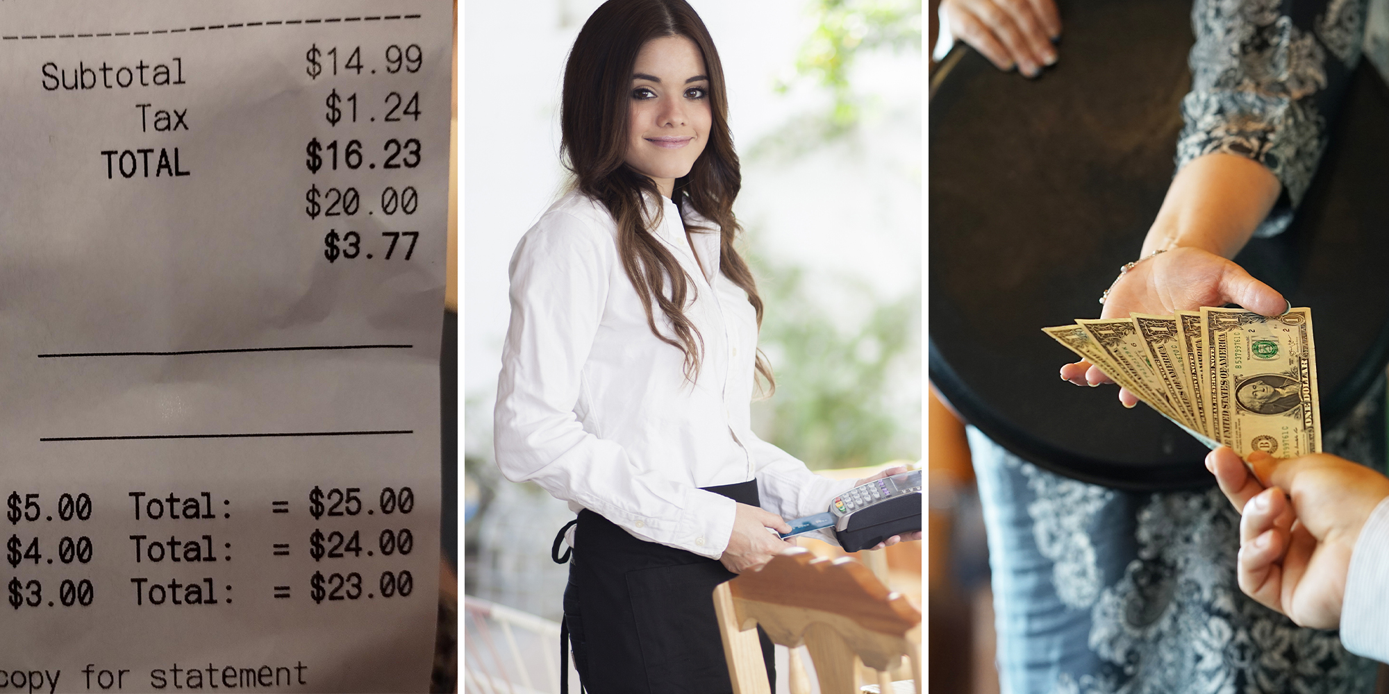 Cute waitress charging customers with a credit card terminal;The hand of the waitress takes the tip