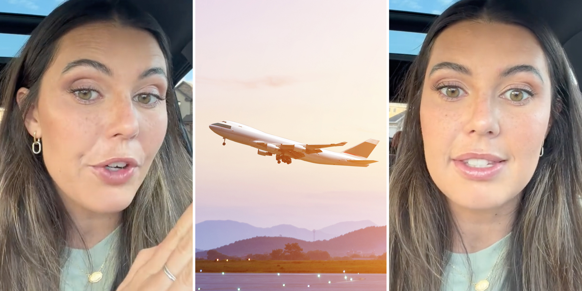 Woman talking(l+r), Airplane taking off(c)