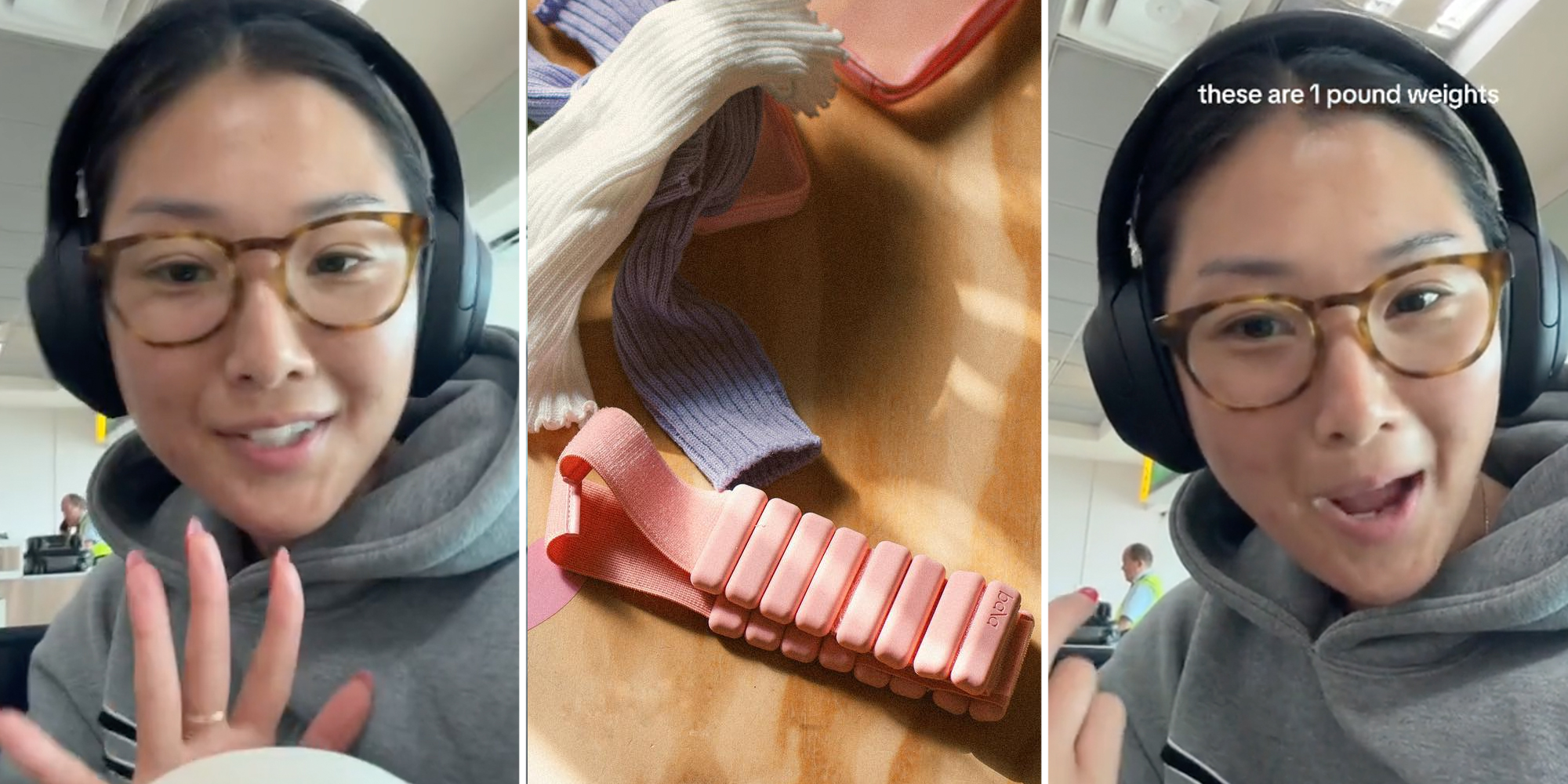 Woman talking(l+r), Bala ankle weights(c)