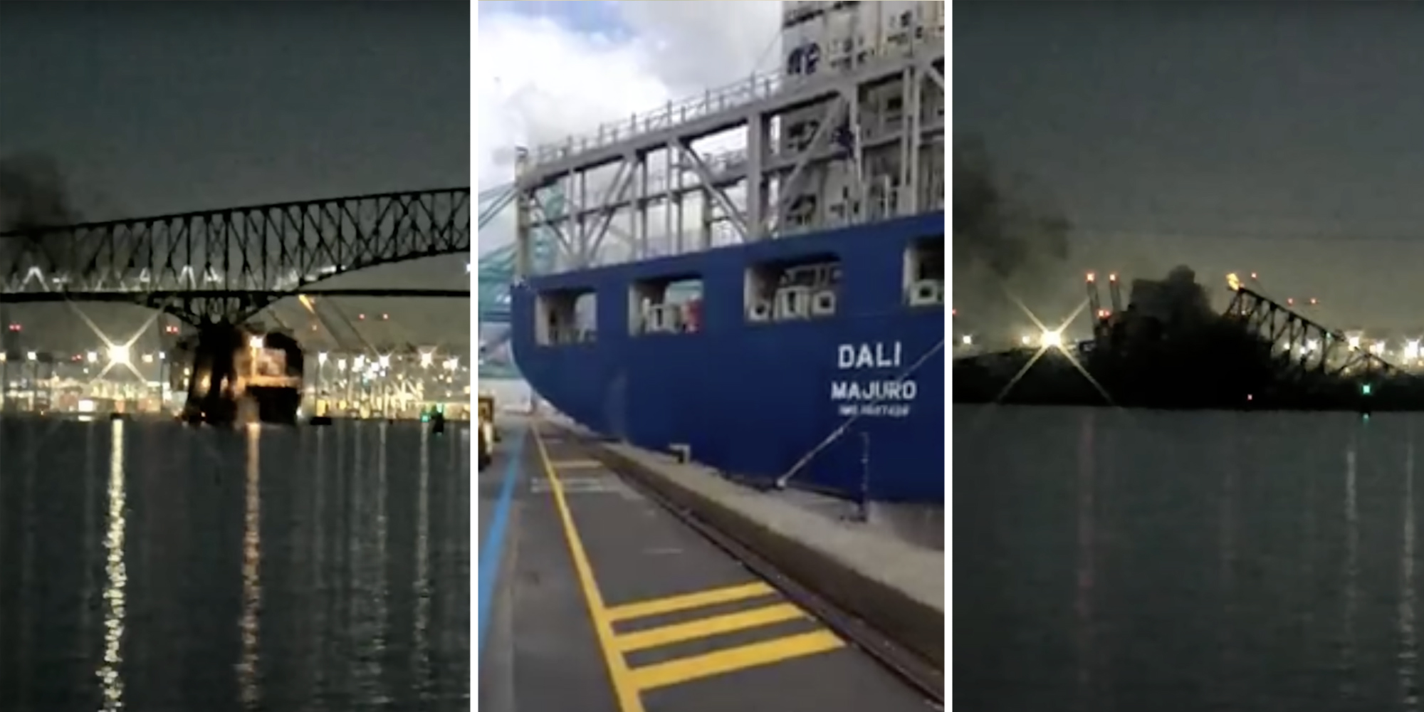 Boat heading towards bridge(l), Boat hits port(c), Baltimore Bridge collapse (r)