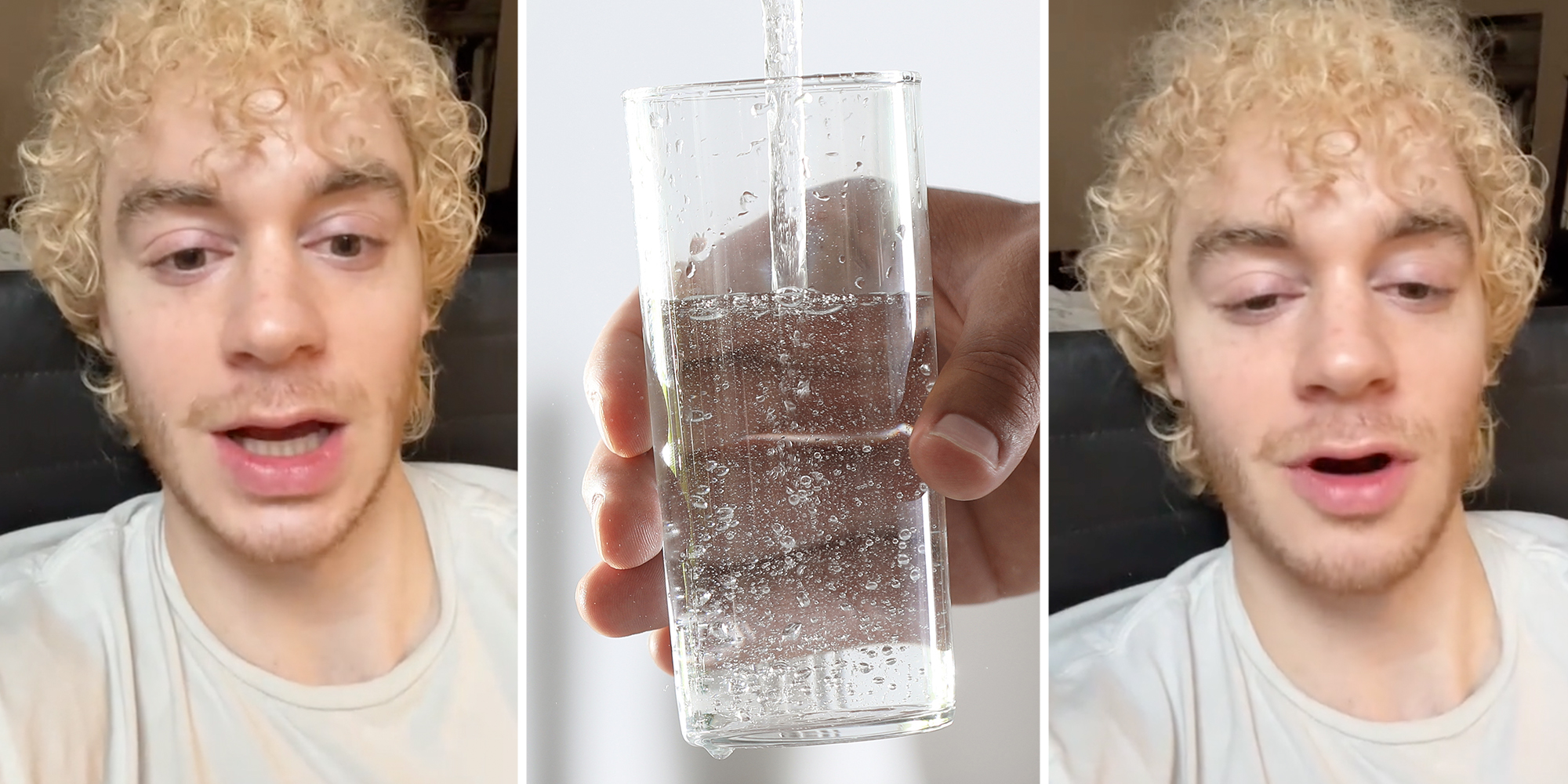 Man talking(l+r), Hand filling up glass with water(c)