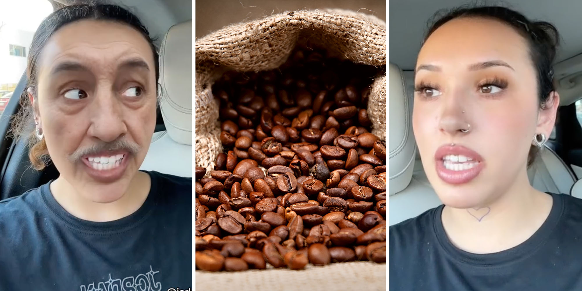 Man(l), Coffee Beans(c), Woman talking(r)