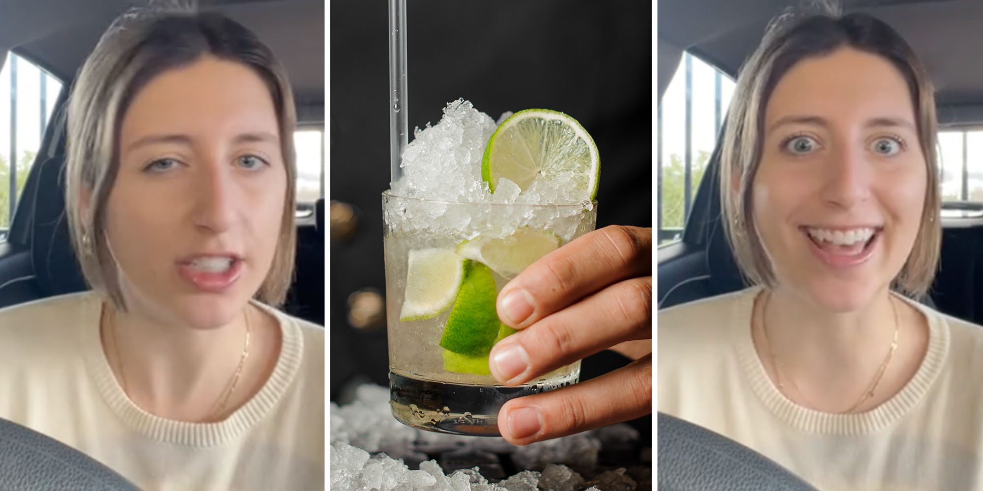 Woman talking(l+r), Bartender holding drink(c)
