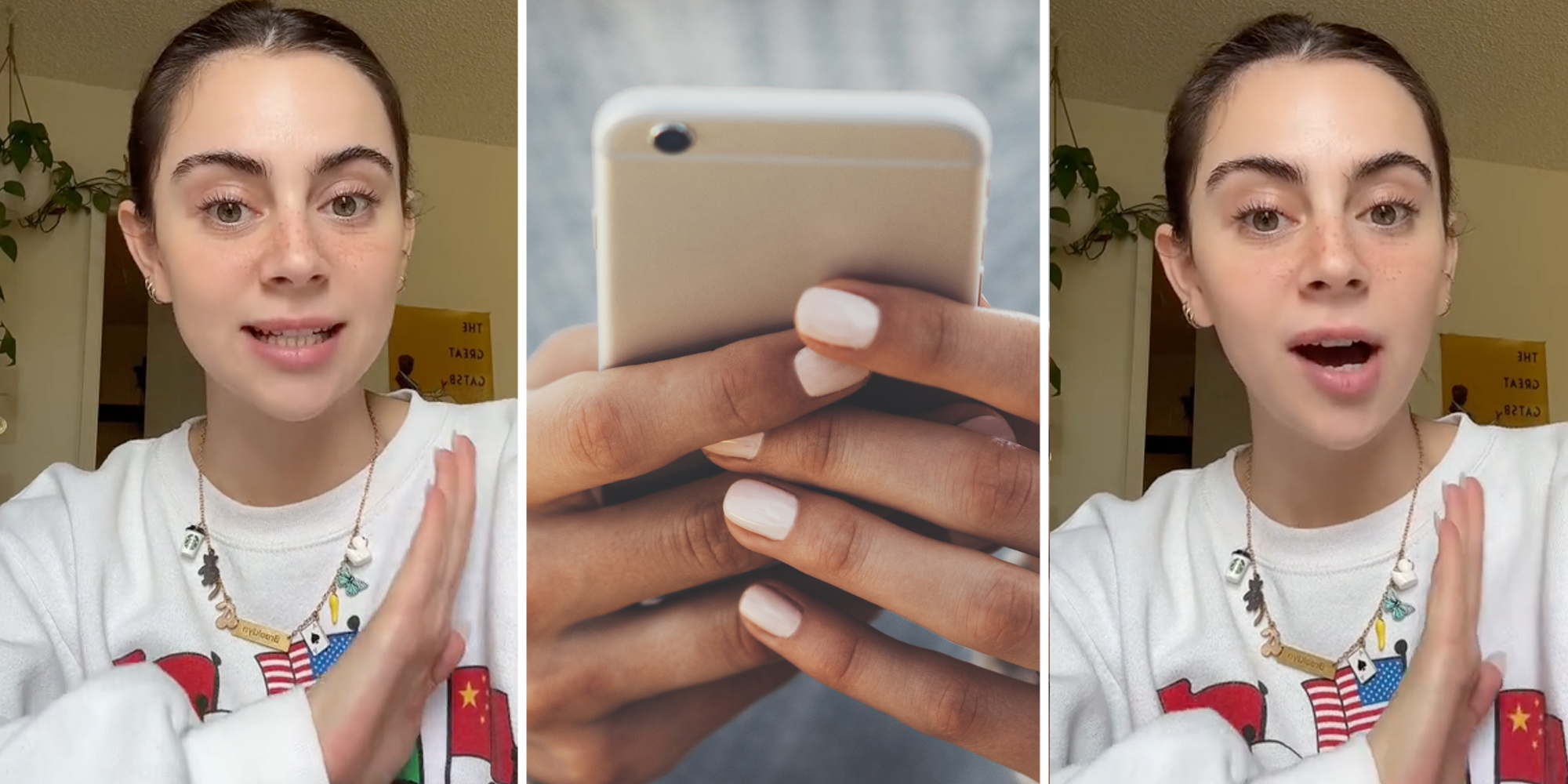 Woman talking(l+r), Hands texting on phone(c)