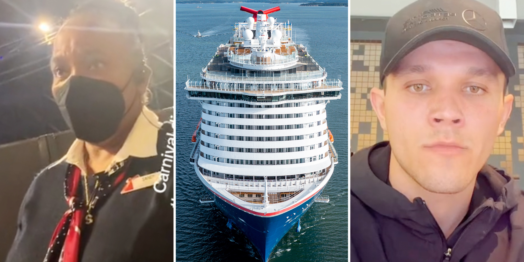 Carnival worker(l), Carnival Cruise(c), Man talking(r)