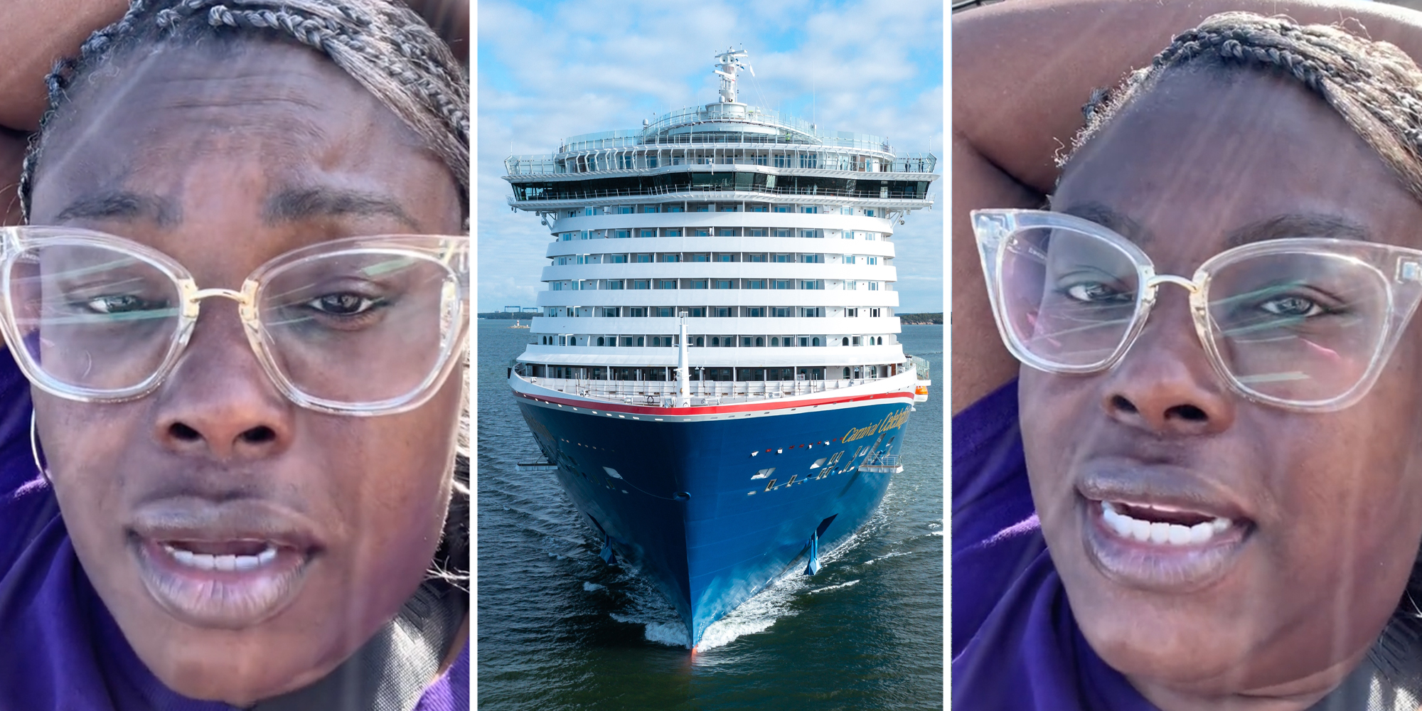 Woman talking(l+r), Carnival Cruise(c)