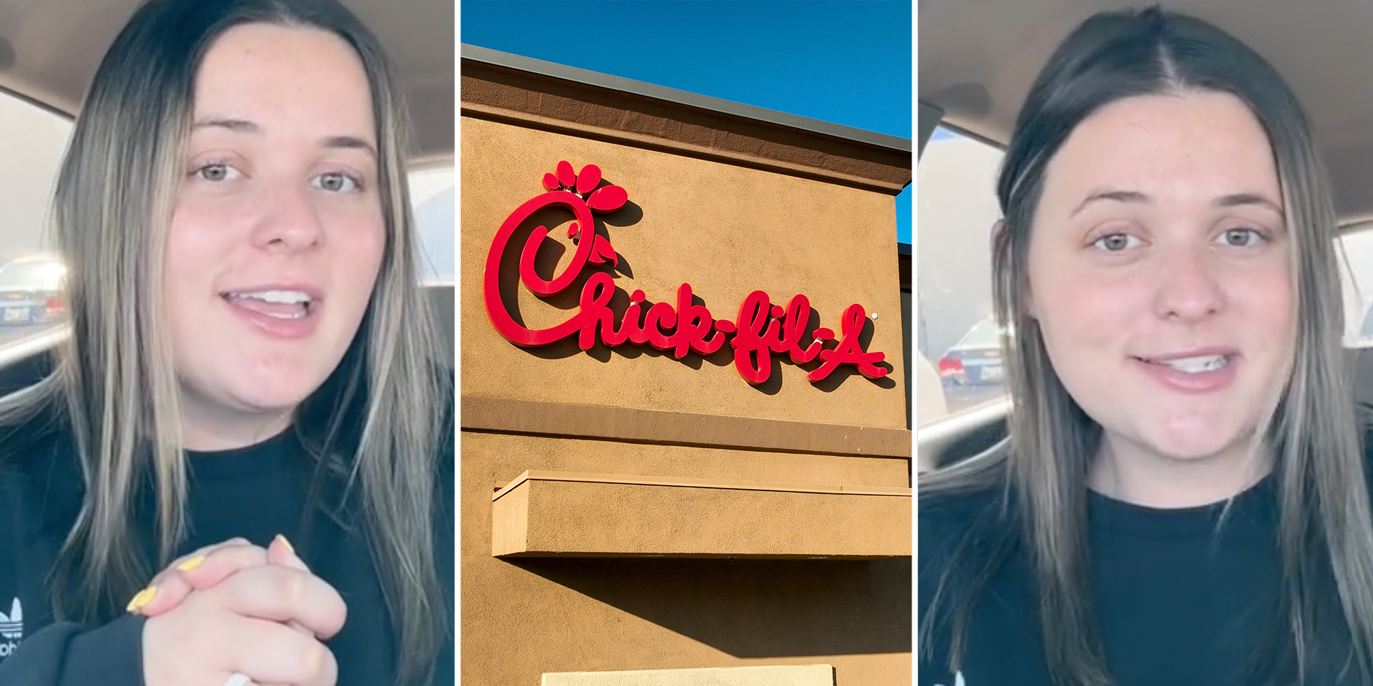 Woman talking(l+r), Chick-fil-a(c)