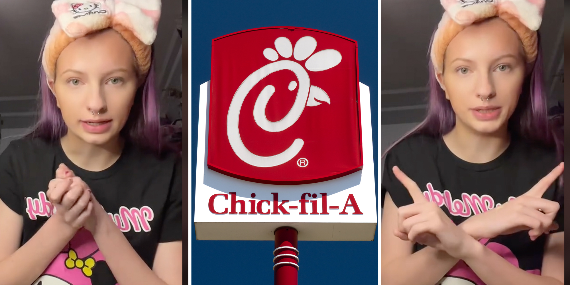 Woman talking(l+r), Chick-fil-a sign(c)
