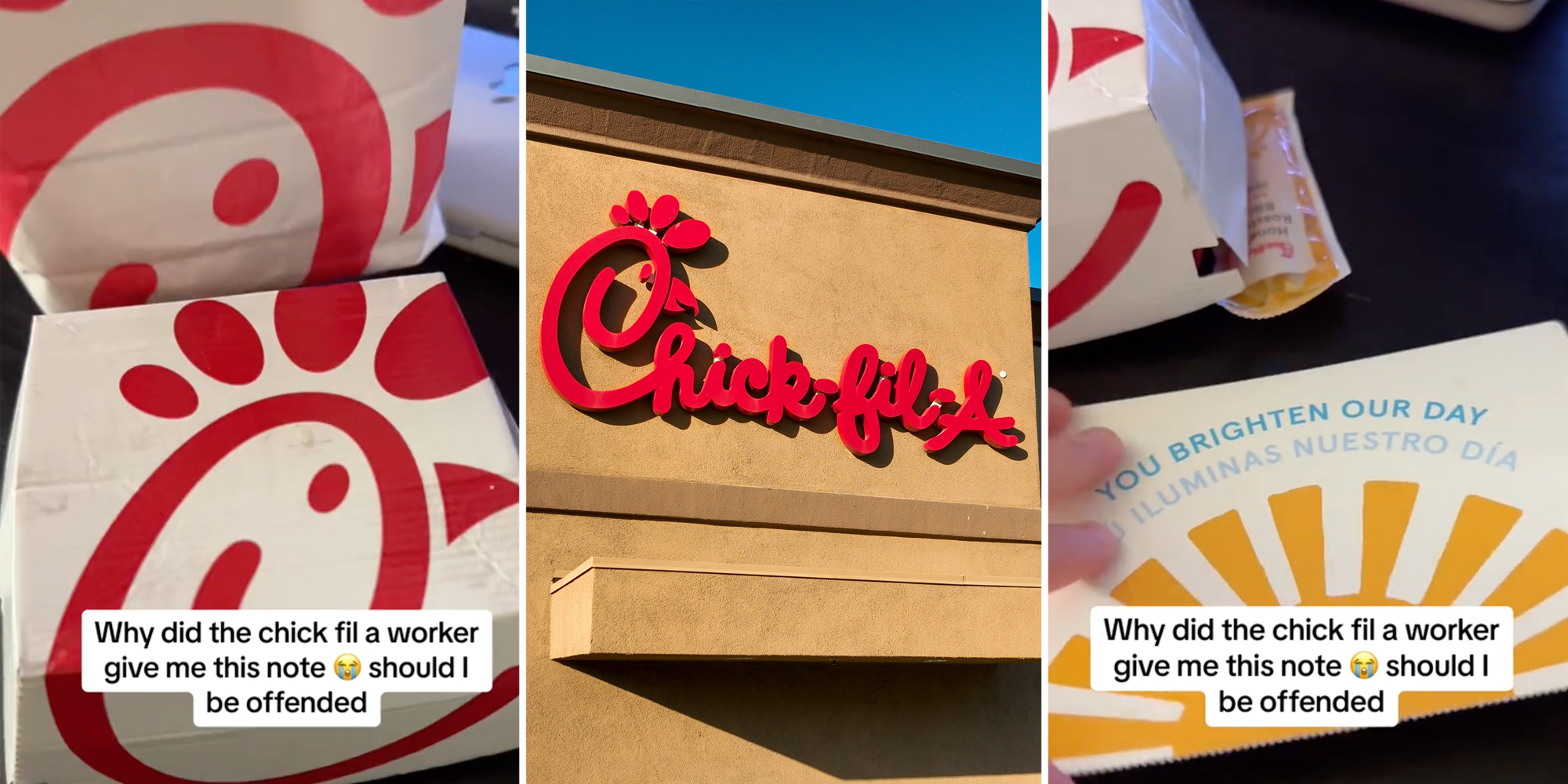 Chick-fil-a box(l), Chick-fil-a storefront(c), note(r)