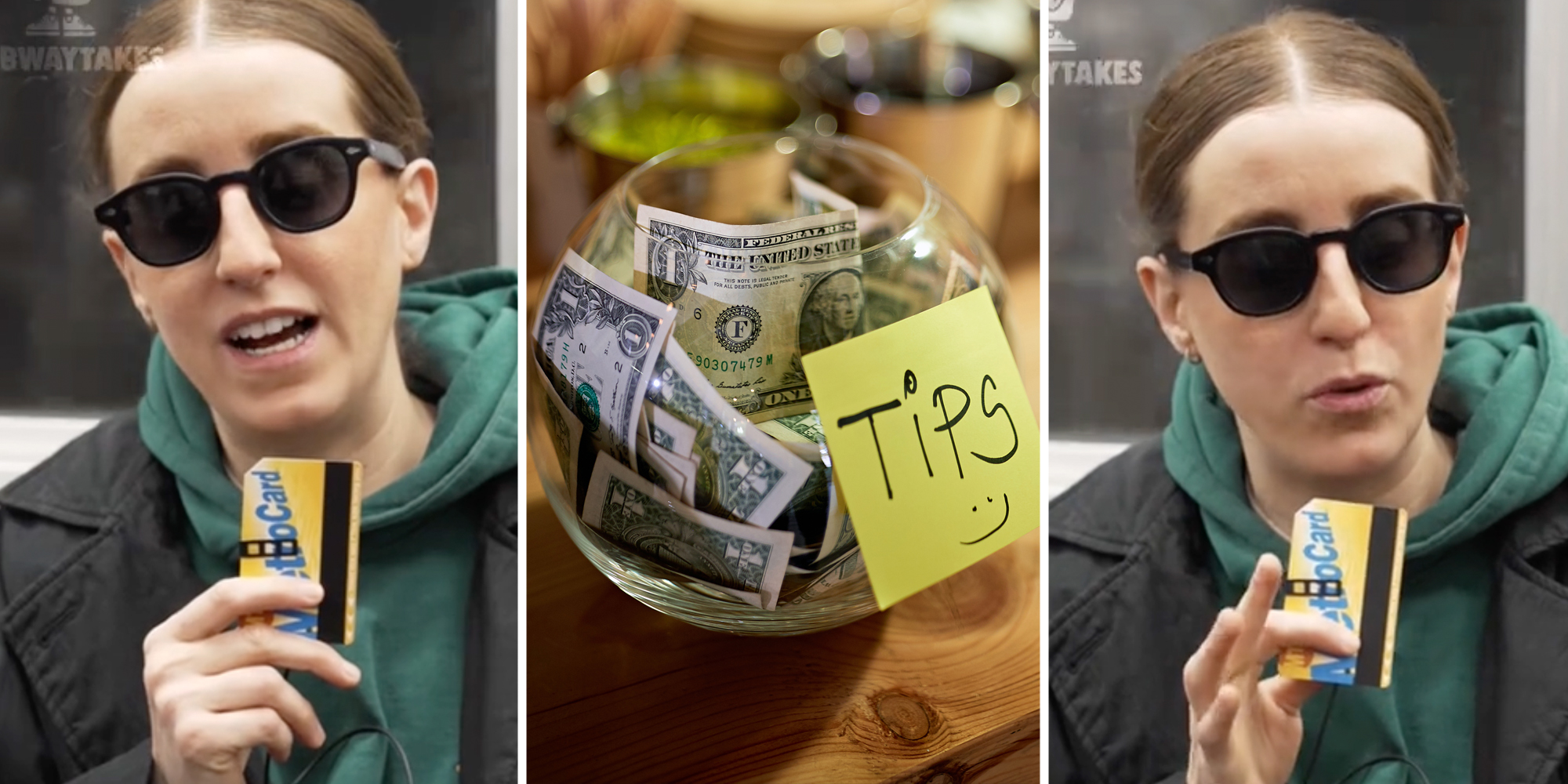 Woman talking into a subway card(l+r), Tip bowl(c)