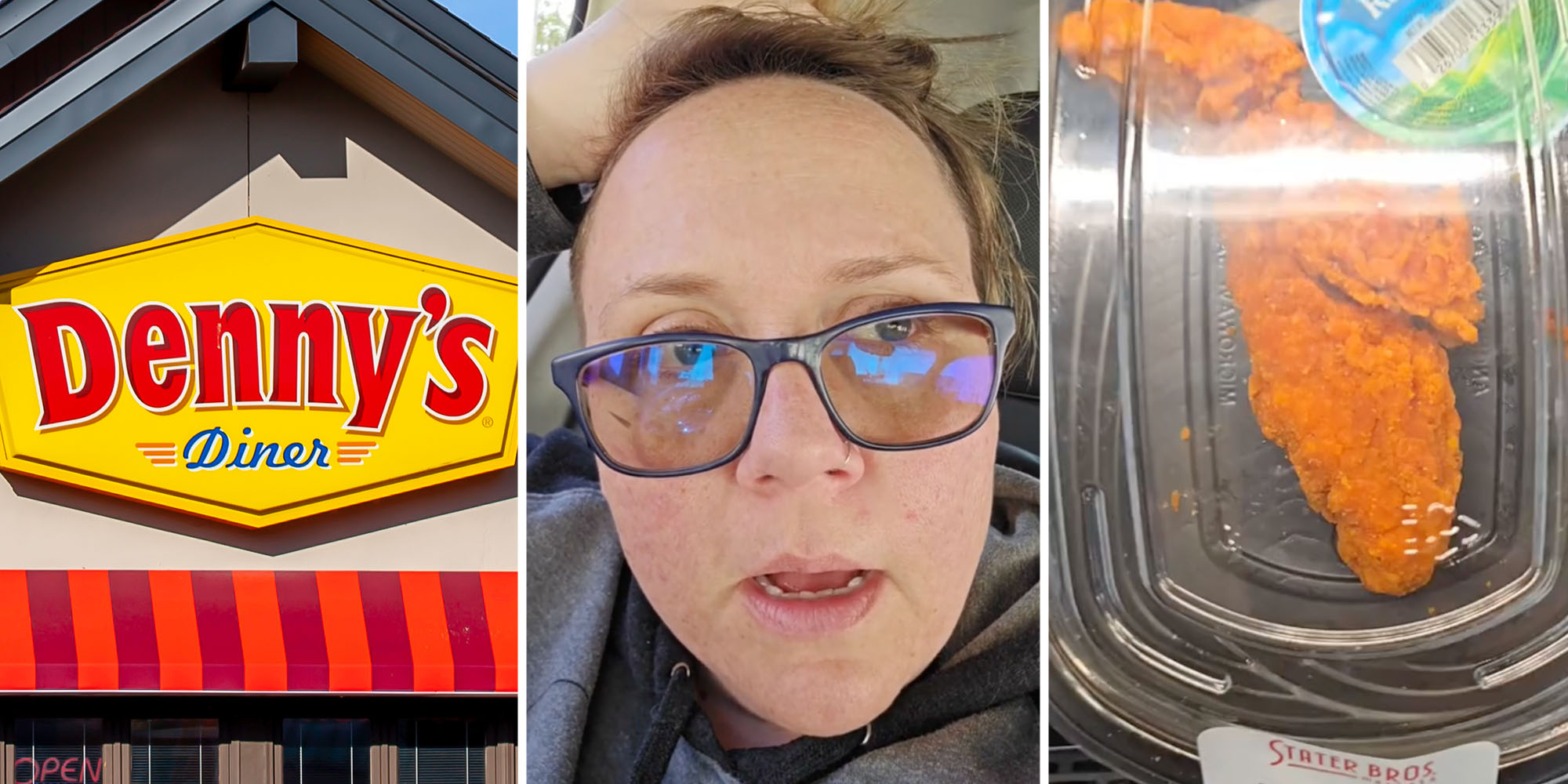 Dennys(l), Person talking(c), Container with chicken tenders(r)