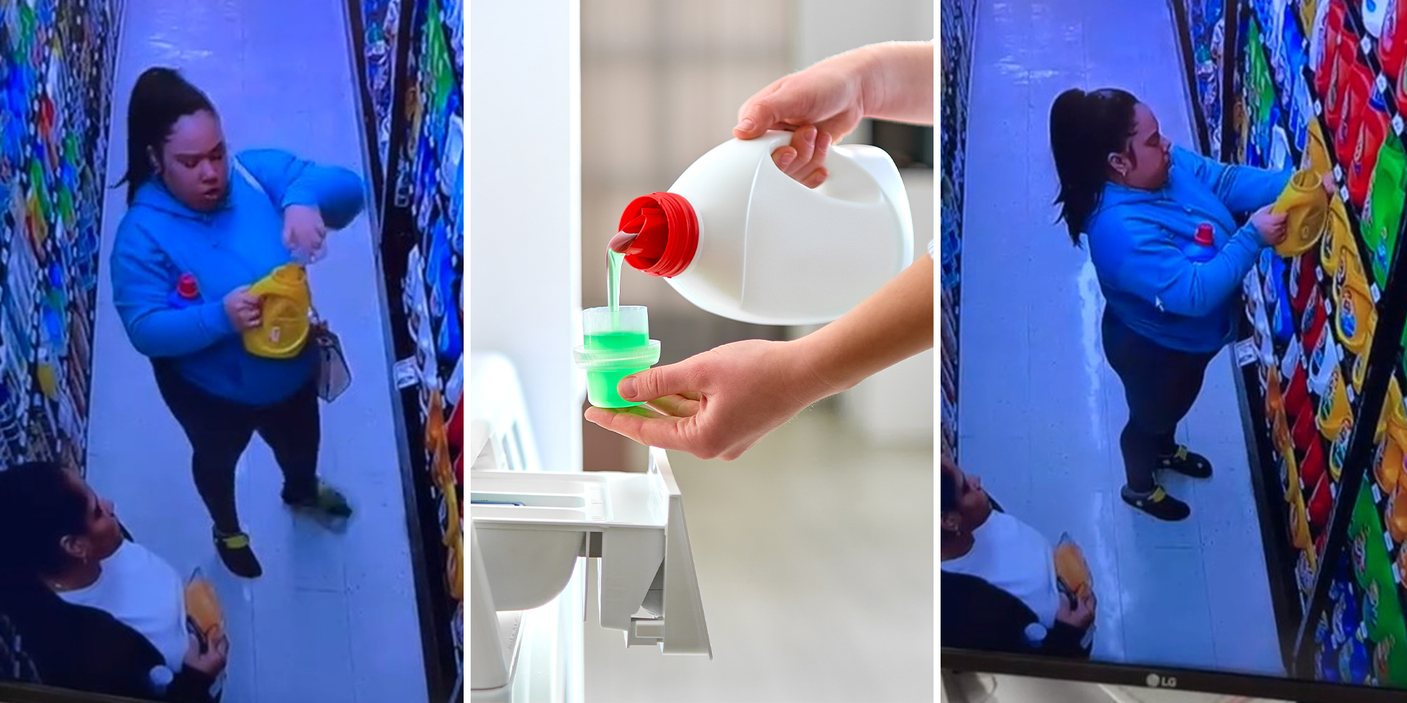 Worker catches shopper filling up laundry detergent with another container