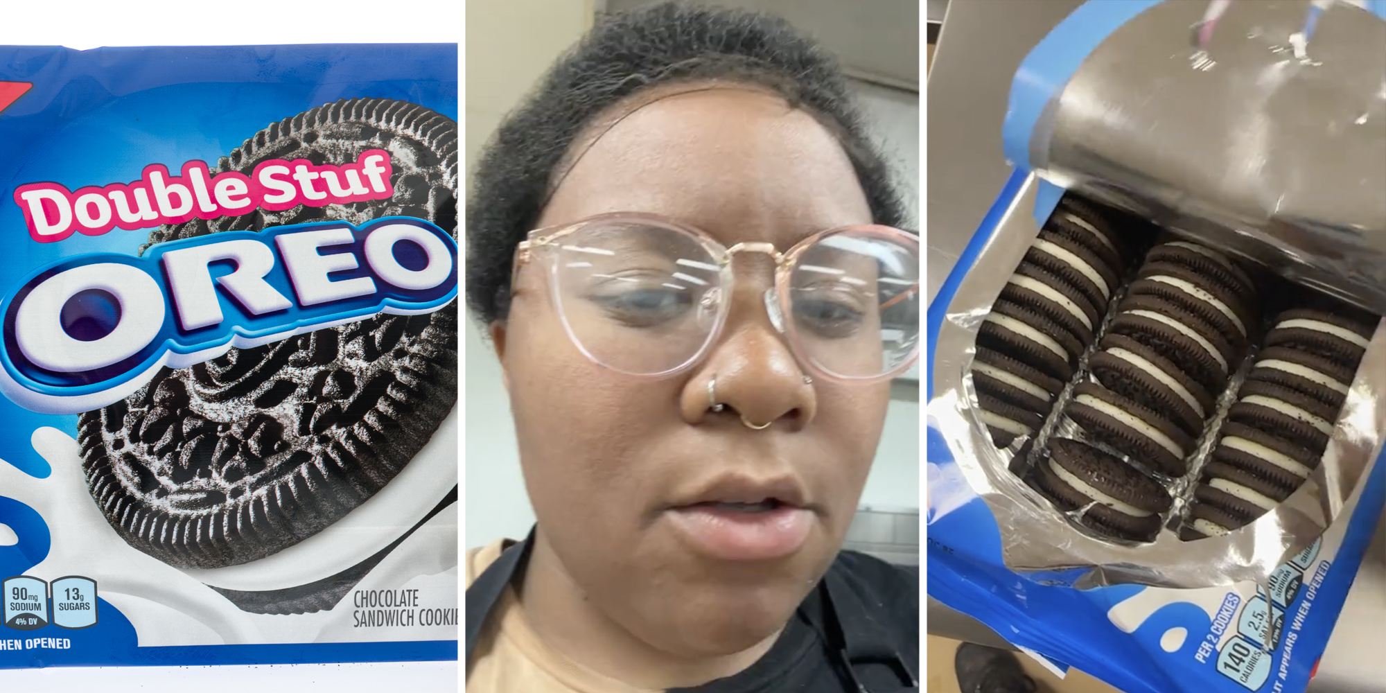 Double stuf oreo(l), Woman talking(c), Oreos(r)