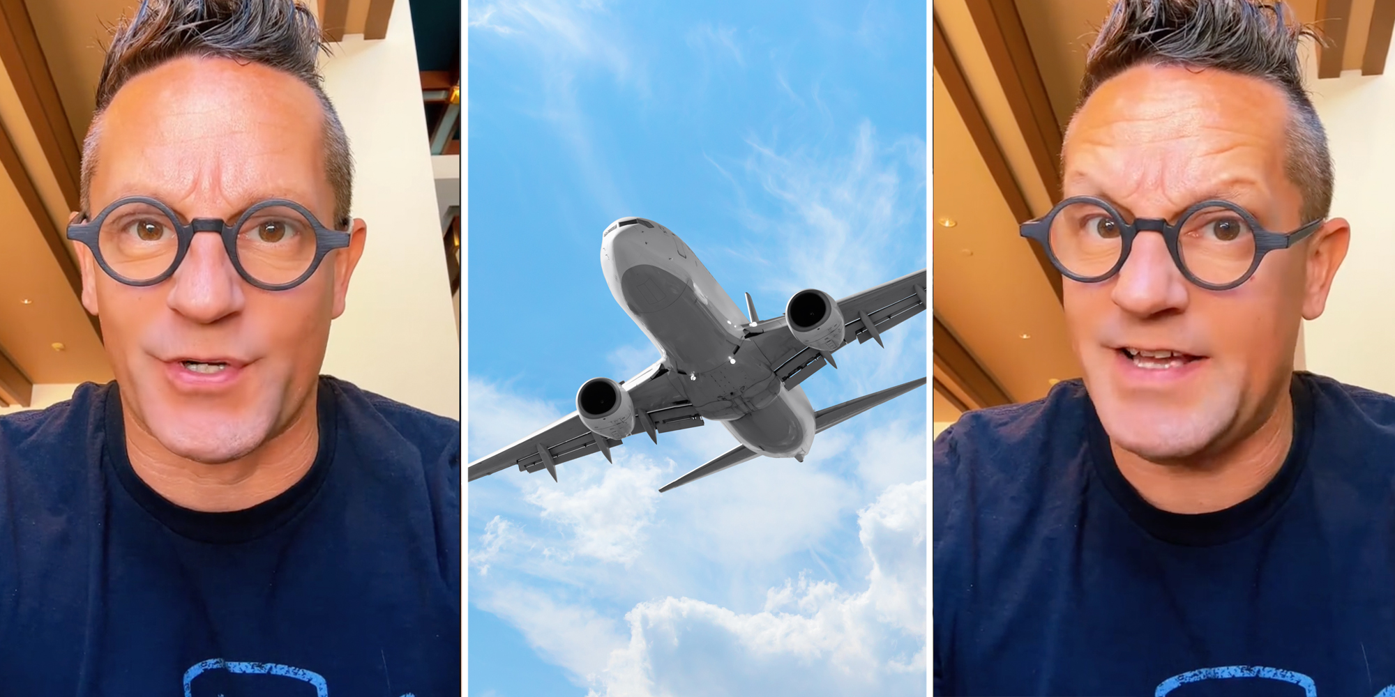 Man talking(l+r), Airplane(c)