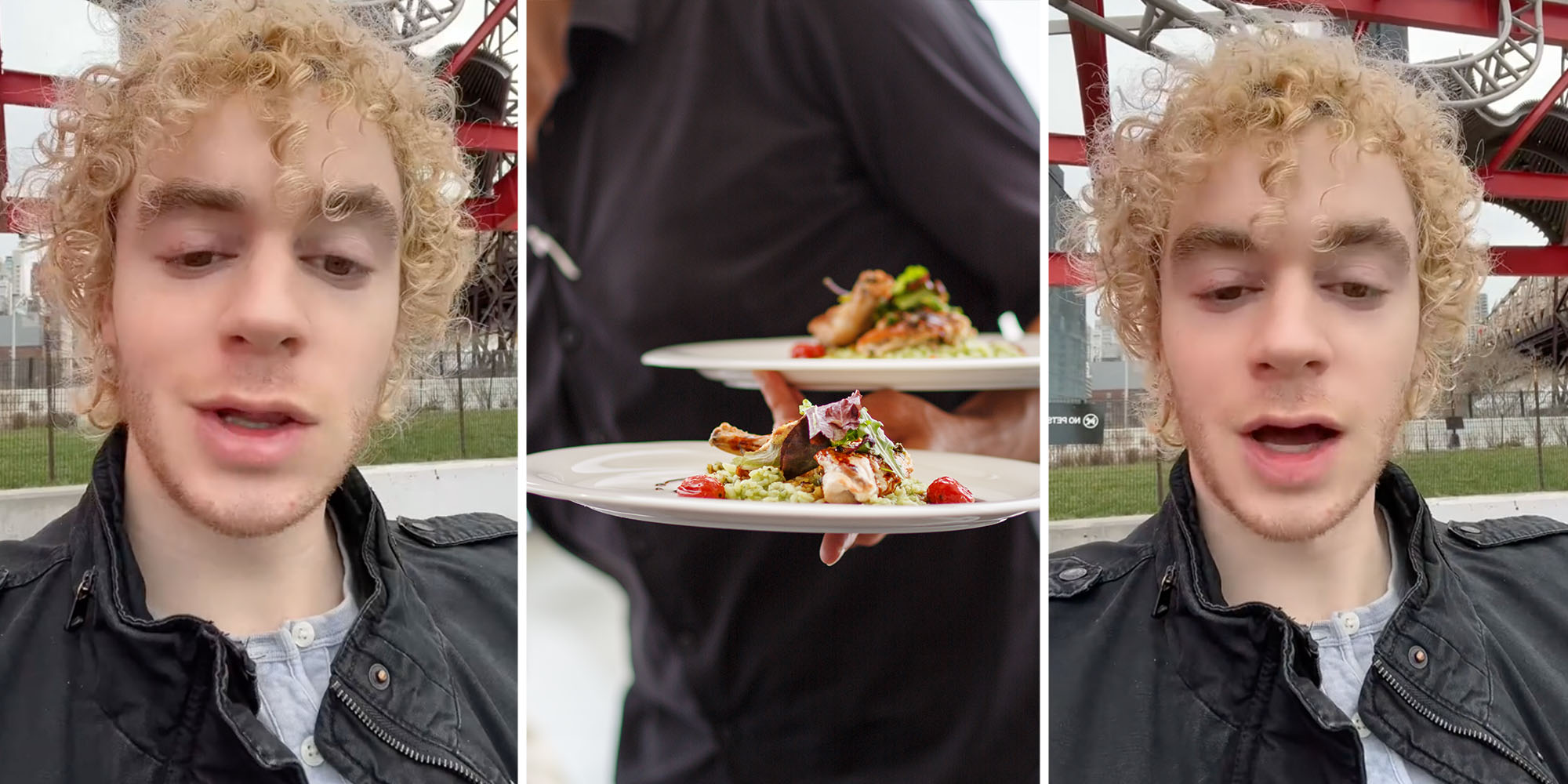Man talking(l+r), Waiter with two plates on hand(c)