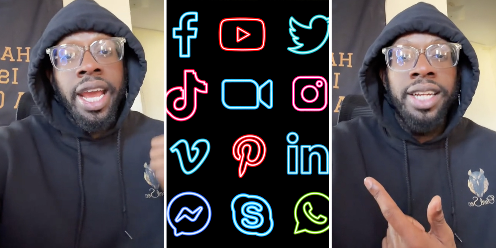 Man talking(l+r), Social media apps(c)