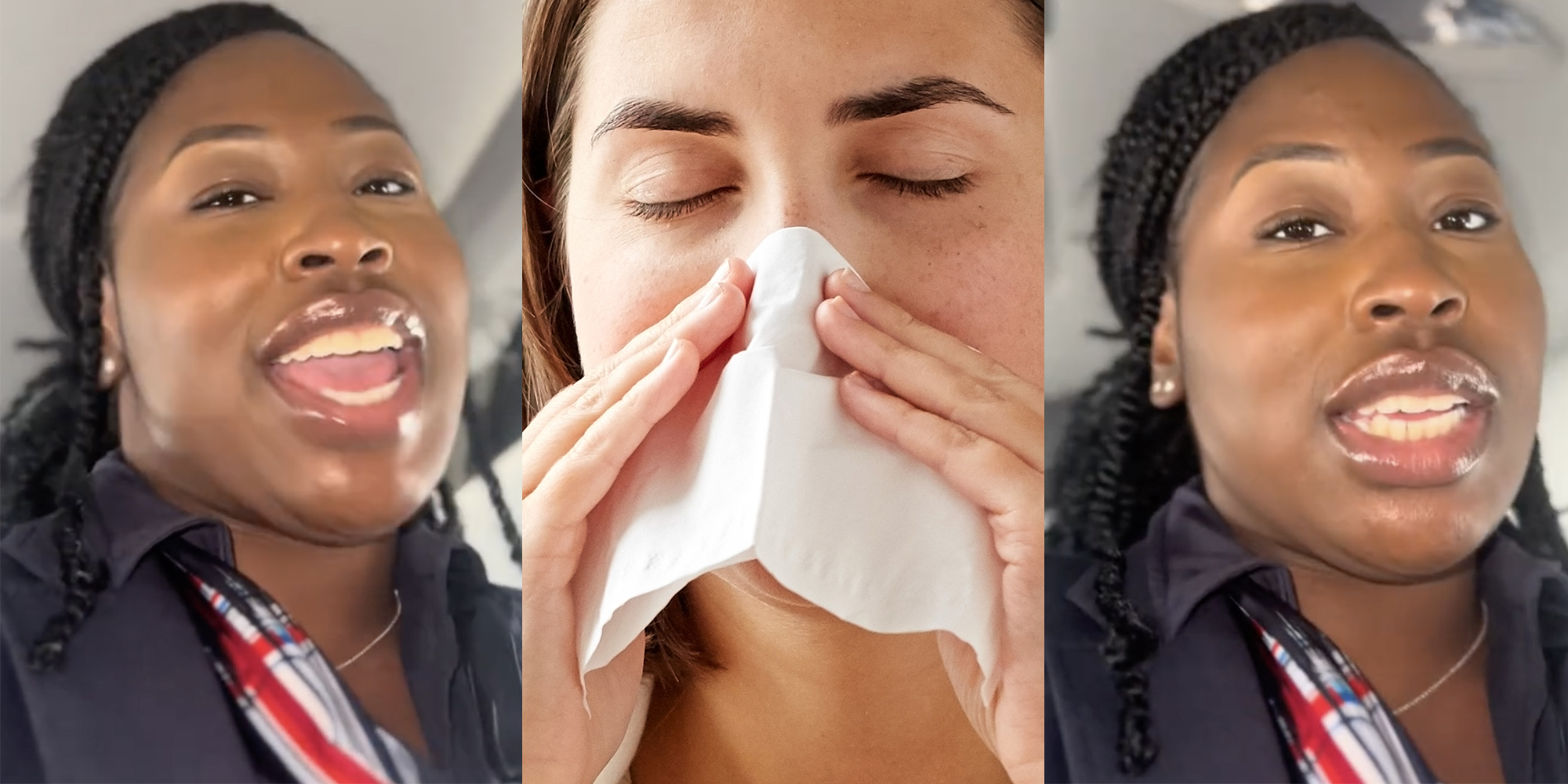 Flight attendant speaking(l+r), Someone blowing their nose(c)
