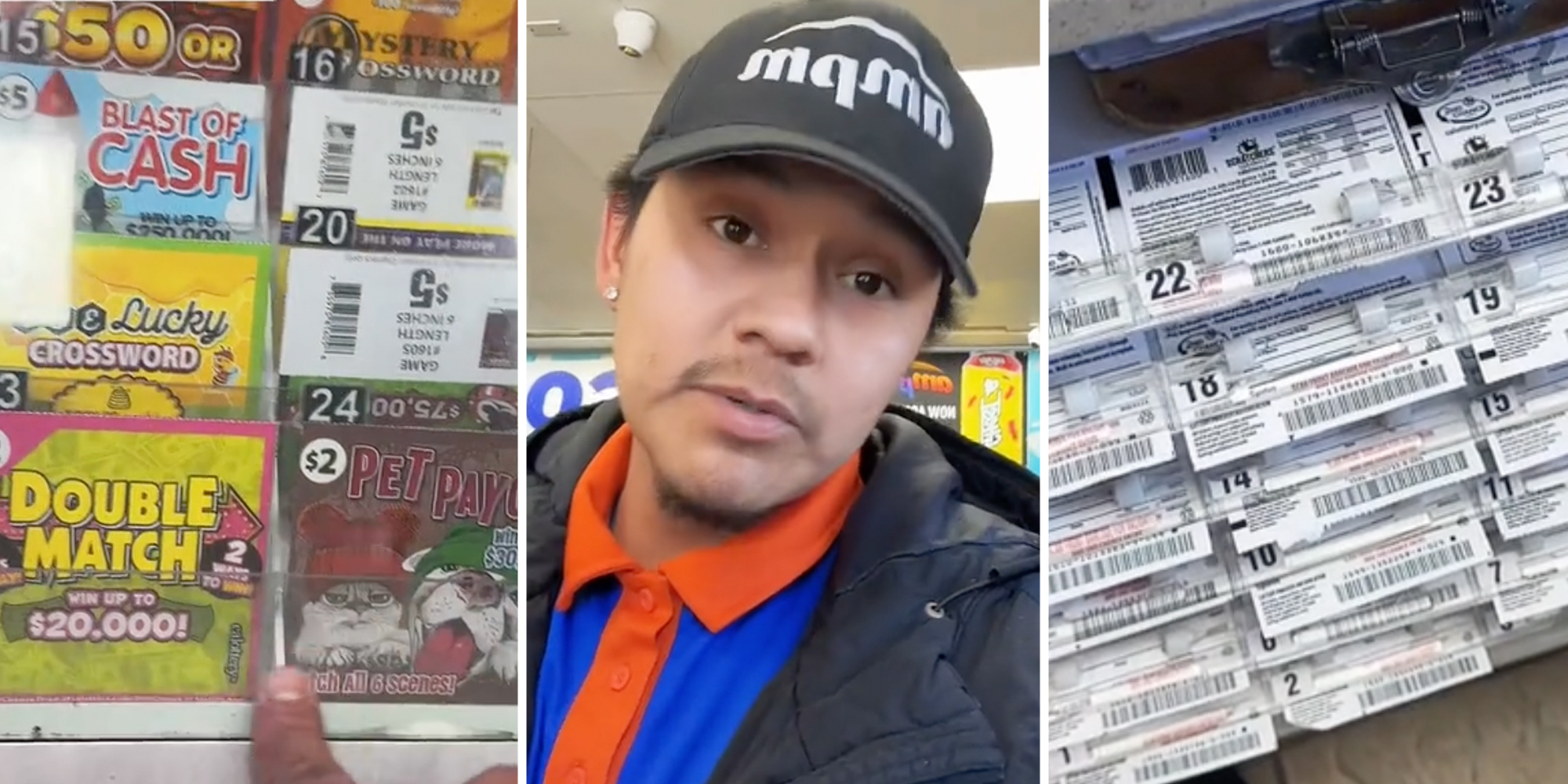 Lottery Scratch offs(l+r), Man talking(c)