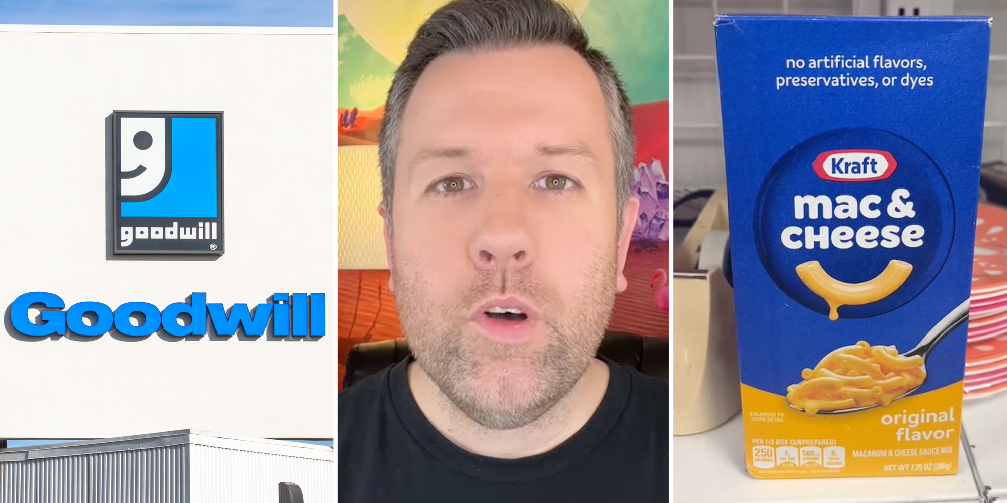 Goodwill(l), Man talking(c), Kraft mac & cheese(r)