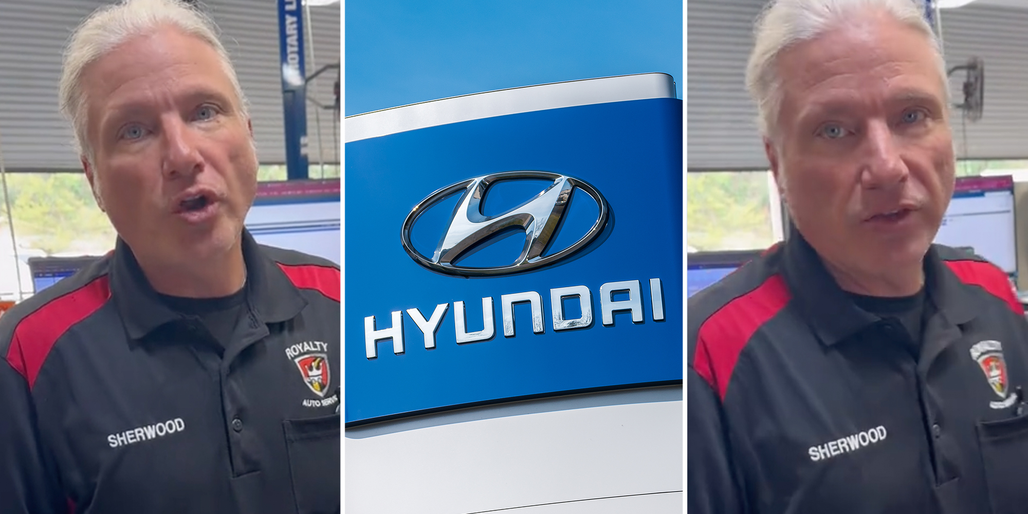 Man talking(l+r), Hyundai sign(c)