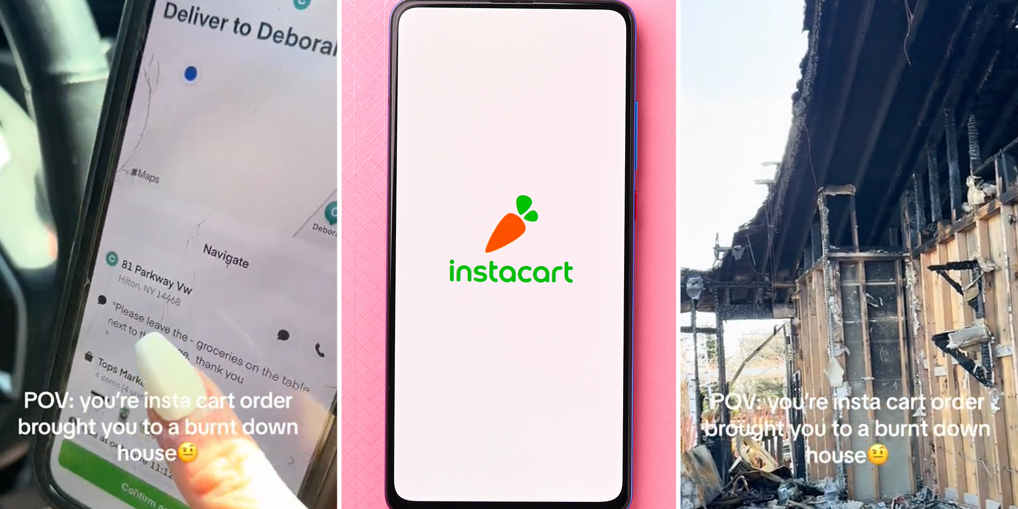 Hand holding phone with map(l), Instacart(c), Burned down house(r)