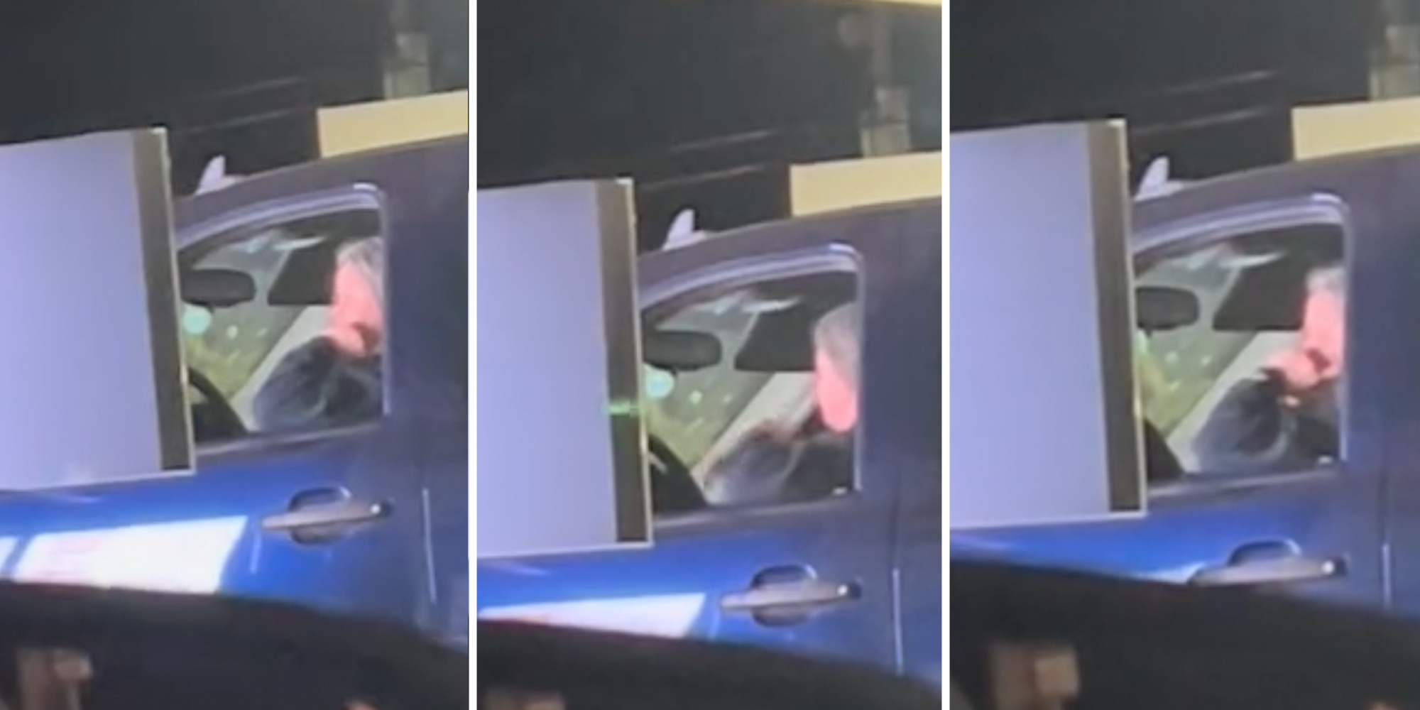 Woman in car at drive thru (three split)
